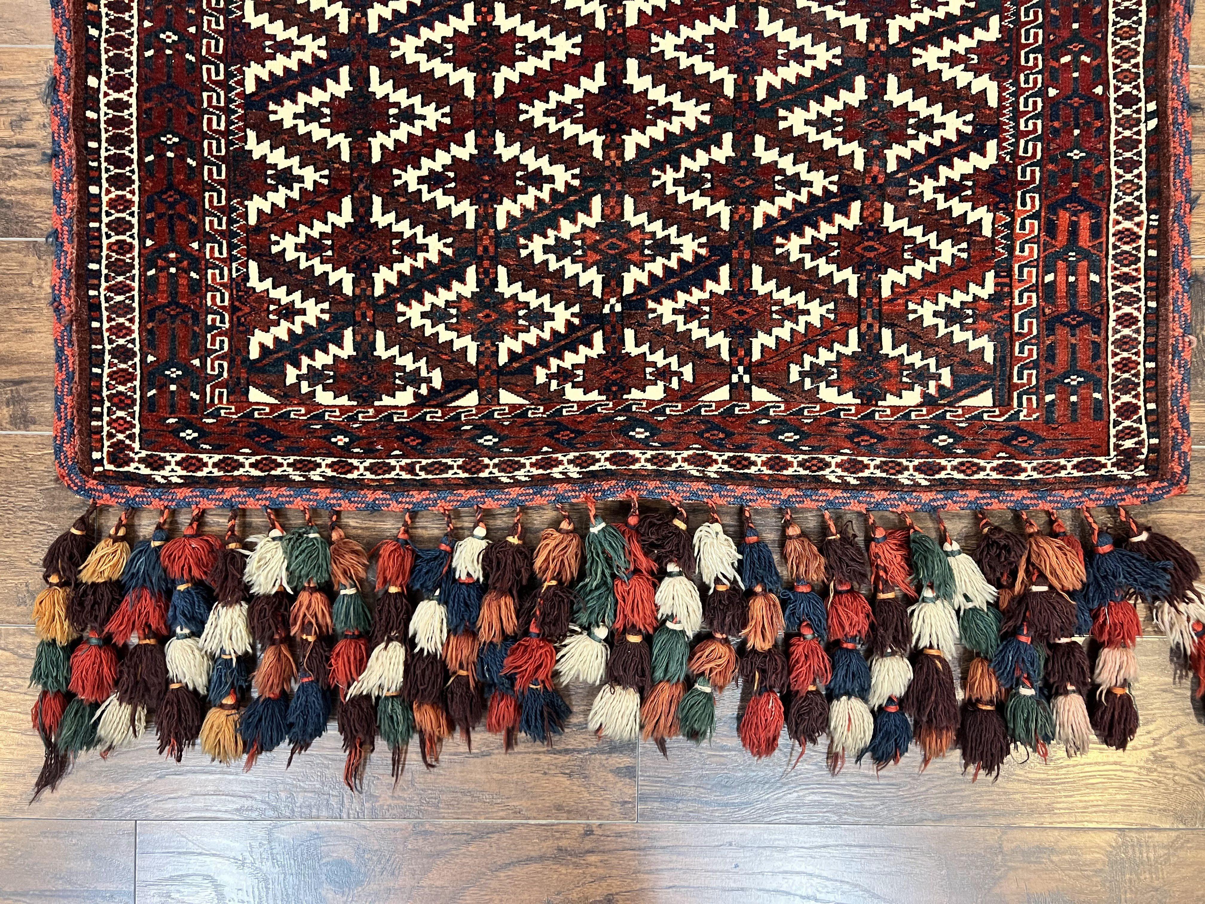 Antique Turkoman Camel Trapping, Turkoman Asmalyk, Red Black Ivory, Handmade, Hand Knotted Tribal Collectible Rug, Rare