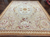 Aubusson Rug 9x12, Elegant Savonnerie Carpet 9 x 12 ft, Beige Ivory Tan, Floral, Flatweave Wool Handmade Area Rug 9 x 12 ft, European French