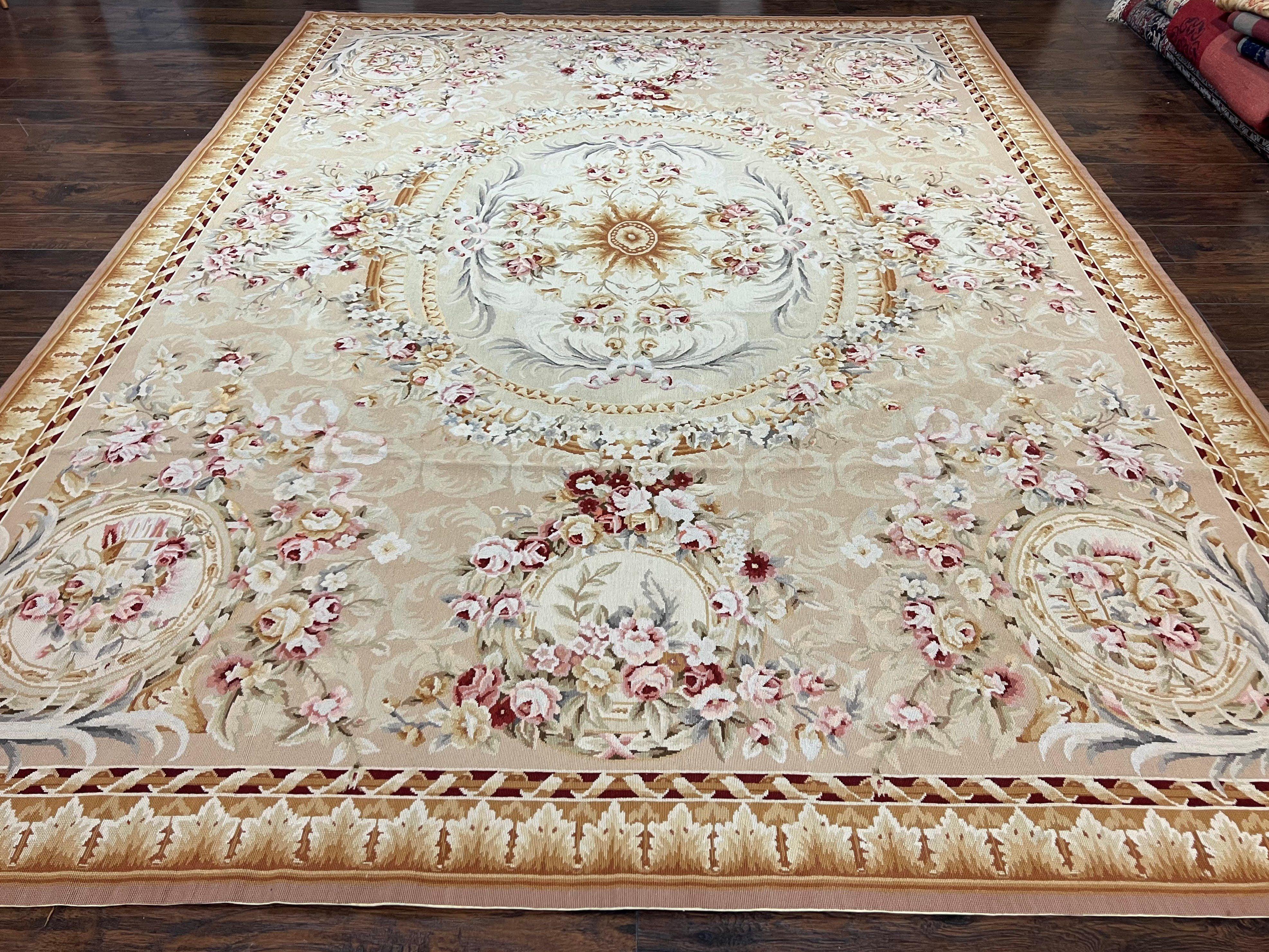 Aubusson Rug 9x12, Elegant Savonnerie Carpet 9 x 12 ft, Beige Ivory Tan, Floral, Flatweave Wool Handmade Area Rug 9 x 12 ft, European French