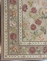 Aubusson Rug 9x12, Pink Beige Light Mauve, Handmade Allover Floral Roses, Wool Flatweave Carpet 9 x 12 ft, European French Design, Elegant