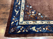 Antique Chinese Wool Rug 9x11, Large Chinese Art Deco Rug, Peking Rug, Brown and Blue, Open Field, Fete Rug