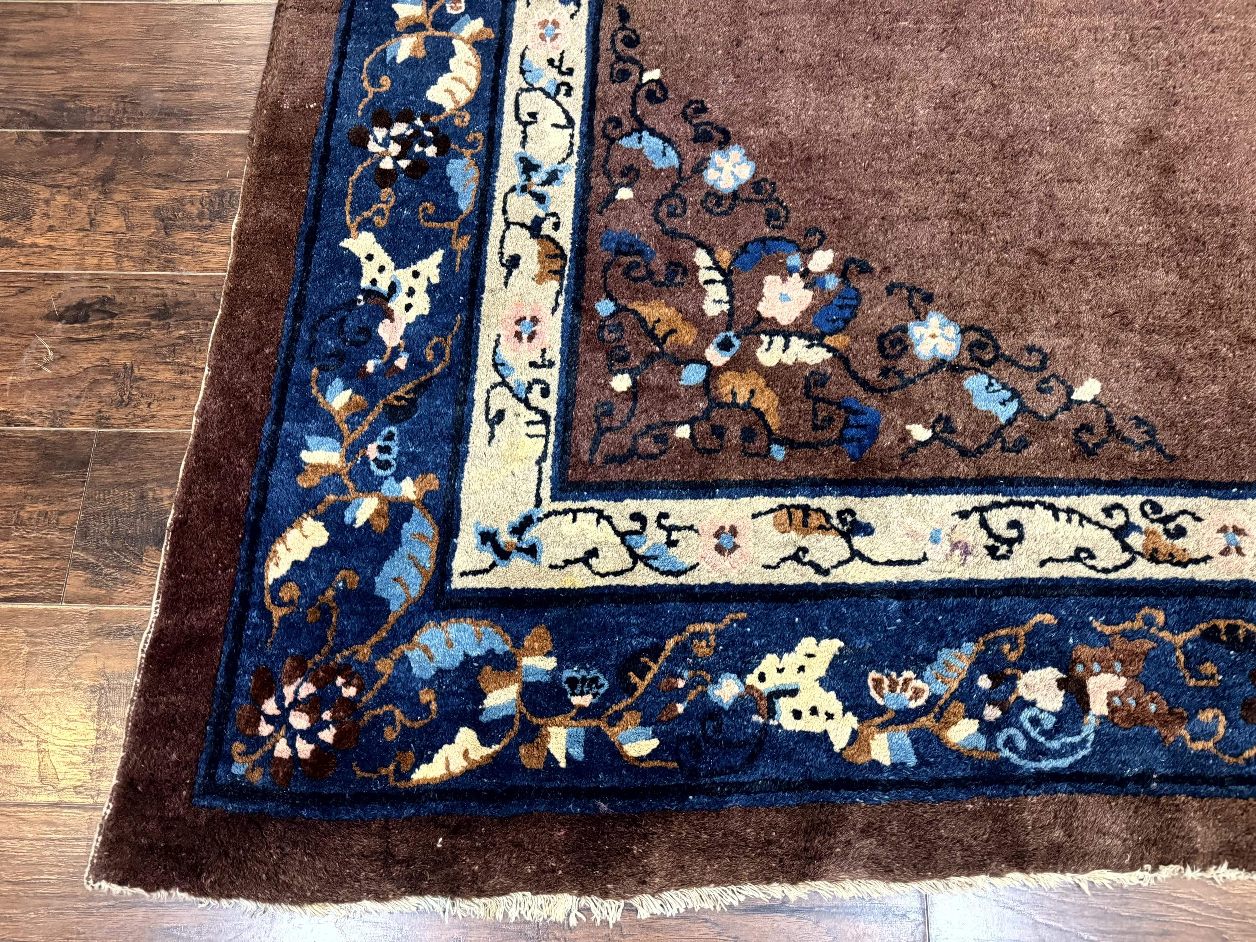 Antique Chinese Wool Rug 9x11, Large Chinese Art Deco Rug, Peking Rug, Brown and Blue, Open Field, Fete Rug