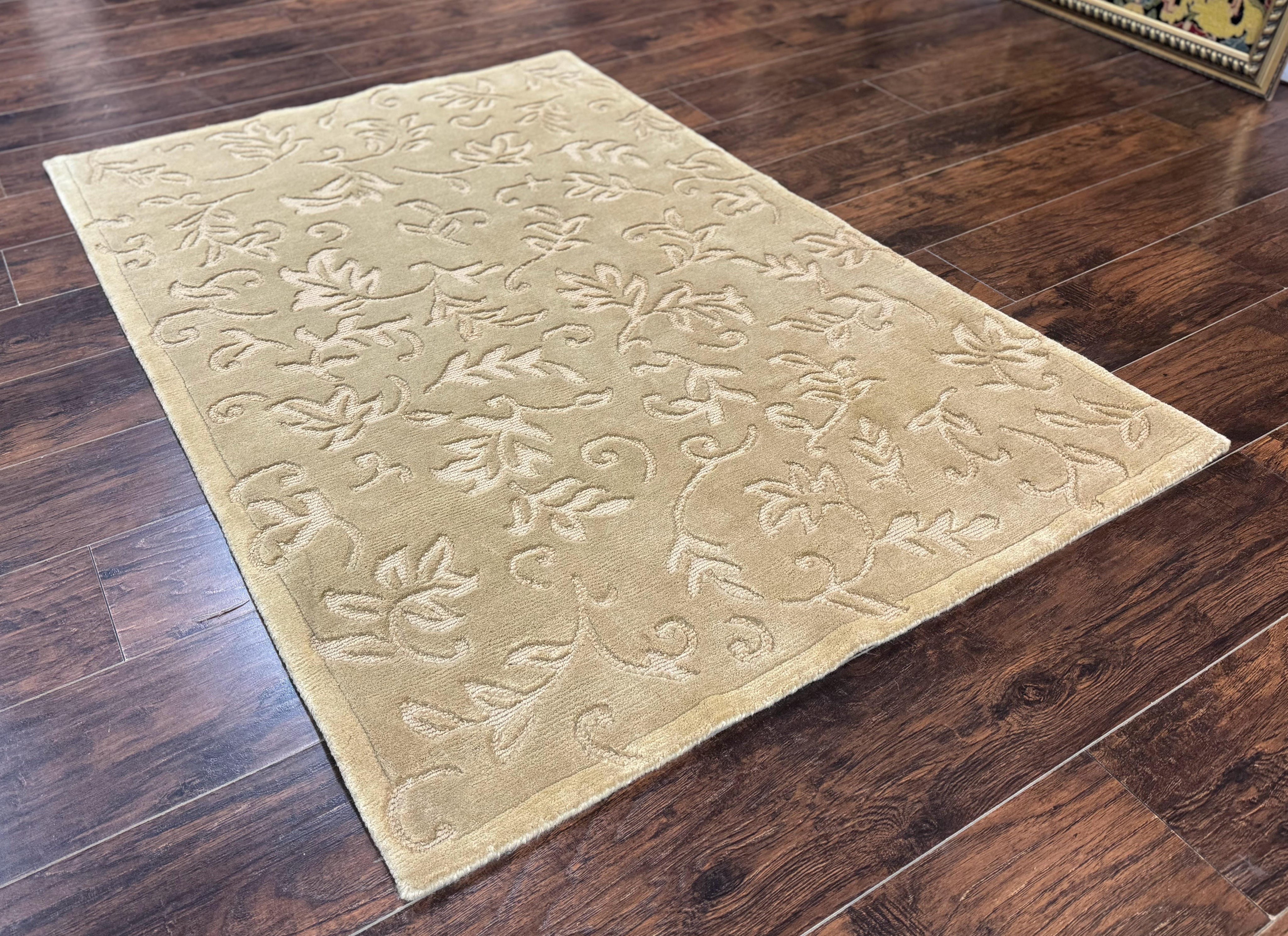 Modern Tibetan Rug 3.7 x 5.5, Carved Floral Design, Wool and Silk Highlights