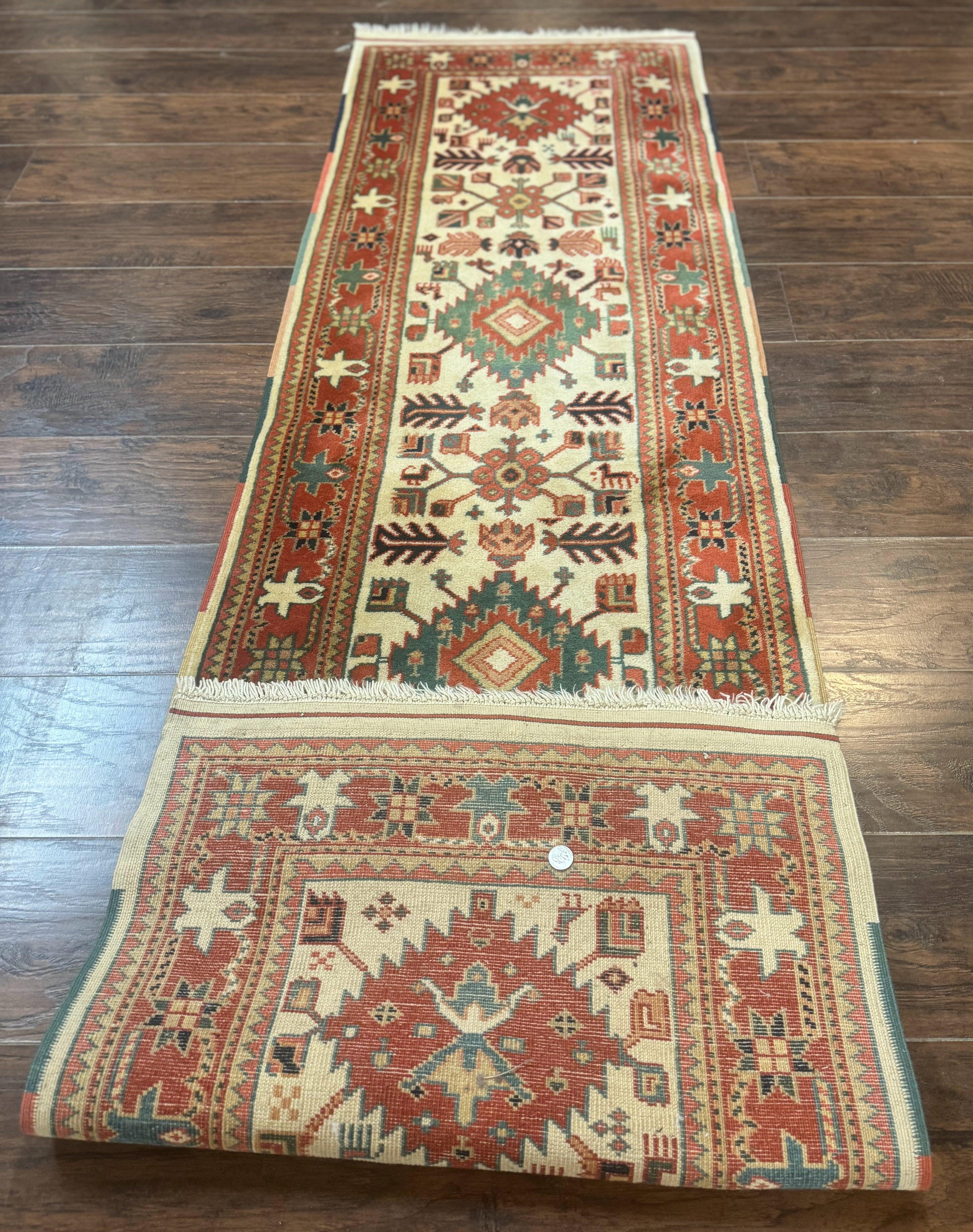 Turkish Runner Rug 2.4 x 8, Kazak Geometric Heriz Pattern, Beige Red