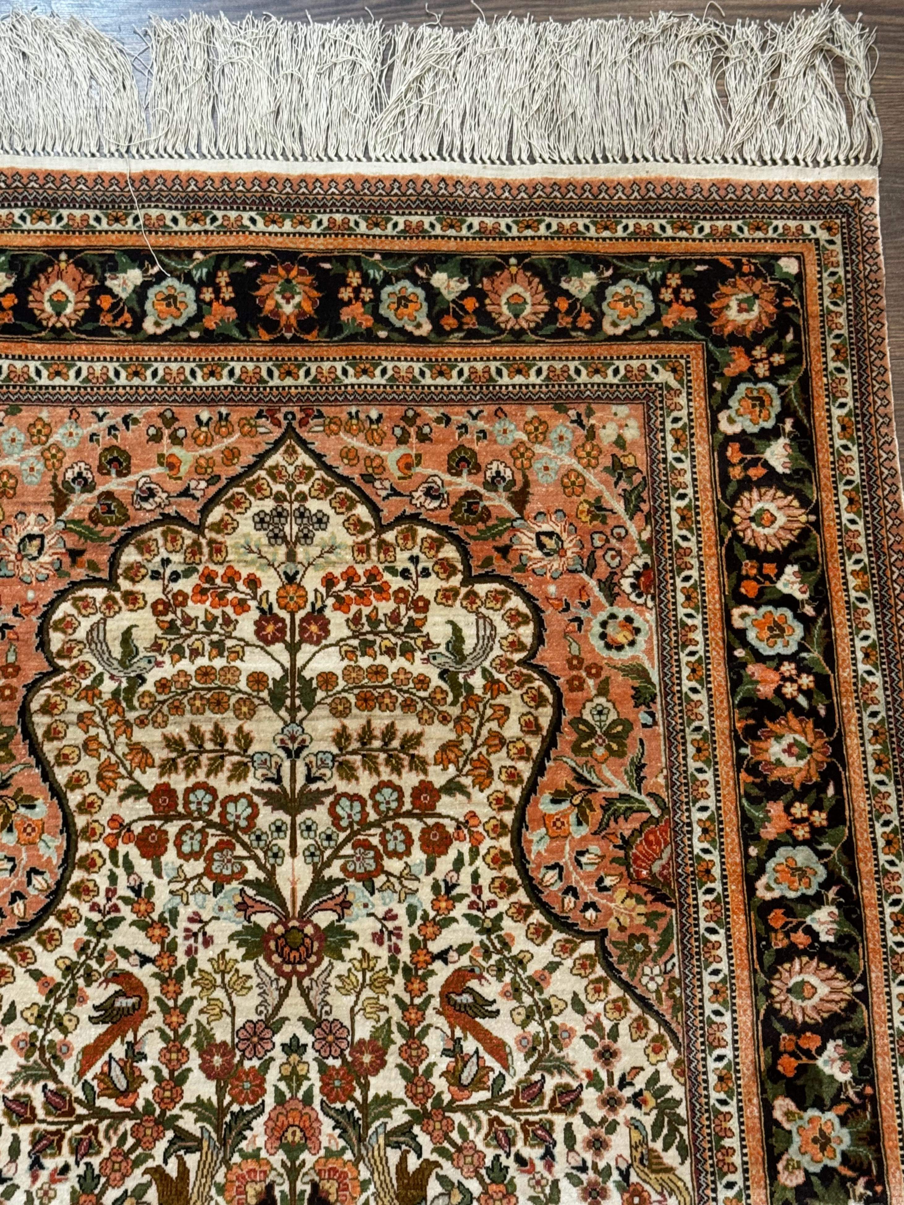 Exceptional Silk Rug 2.6 x 4, Very Fine 630 KPSI, Persian Vase Tree of Life Bird Pictorials, Handmade