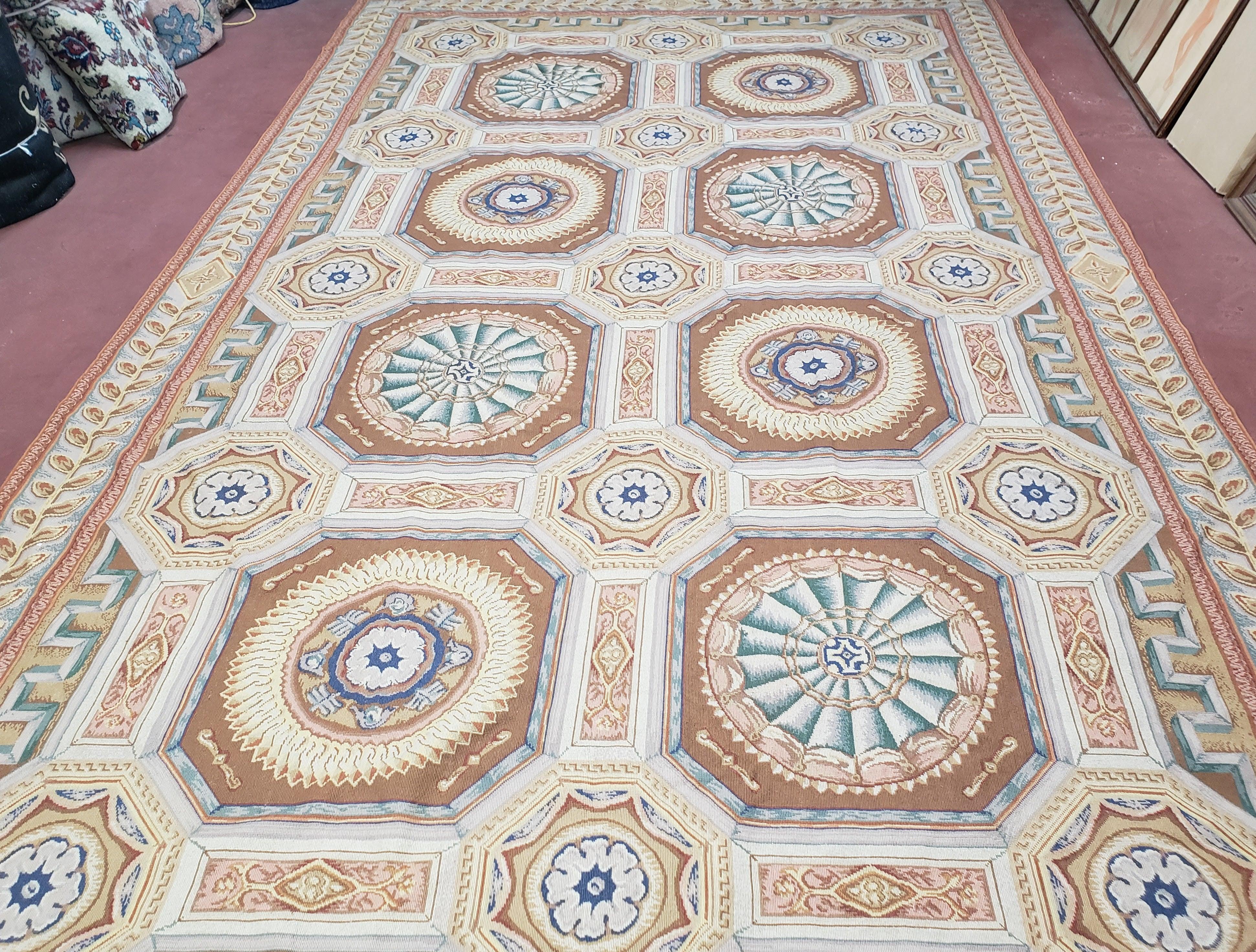 New Chinese Needlepoint Rug 8x14 - 9x14, French European Panel Design, Elegant Dining Room Rug, Flatweave Hand Woven Carpet, Handmade, Wool