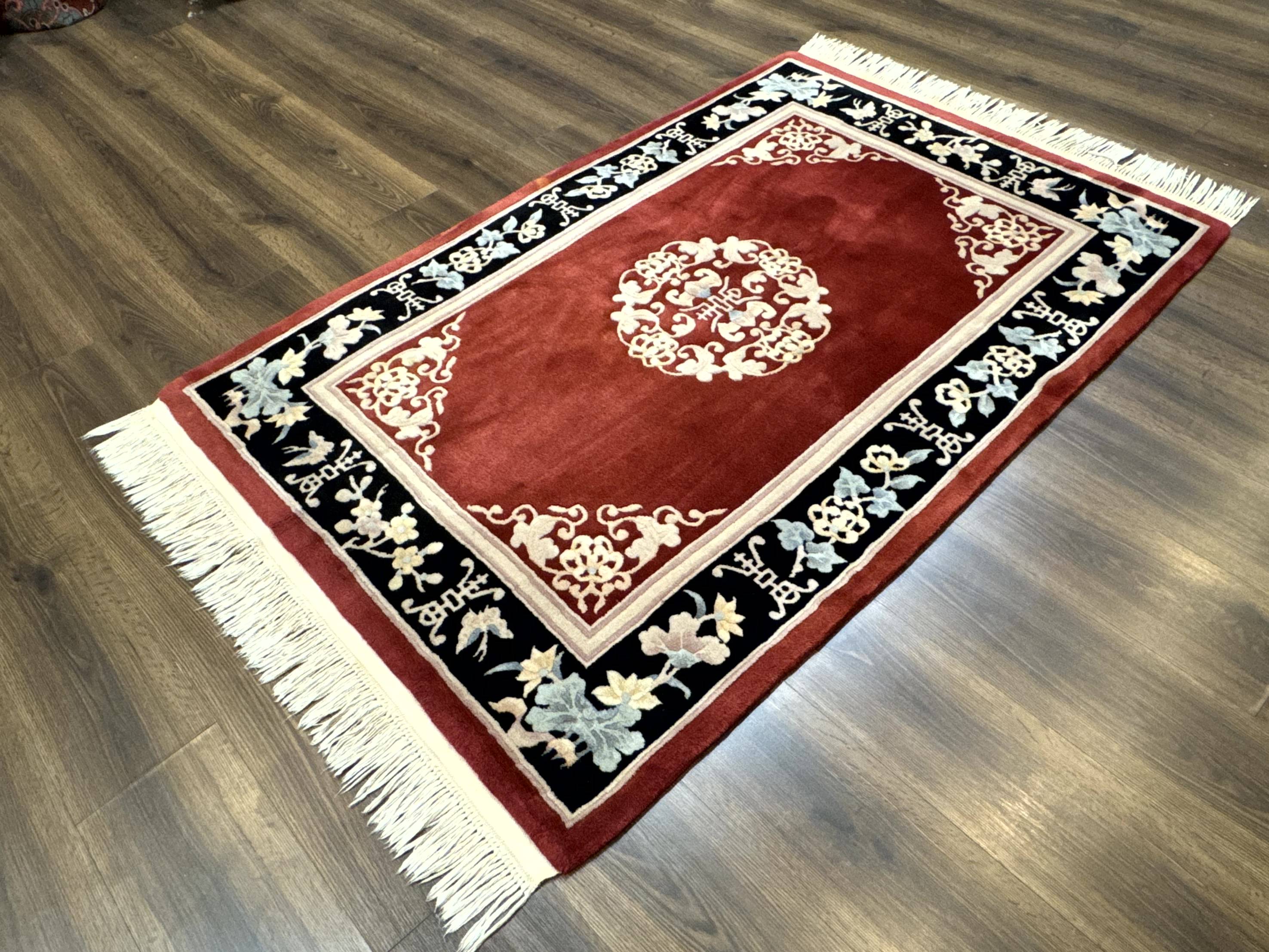 Chinese Wool Rug 4x6, Maroon and Black, Butterflies, Chinese Oriental Carpet, 90 Line Rug