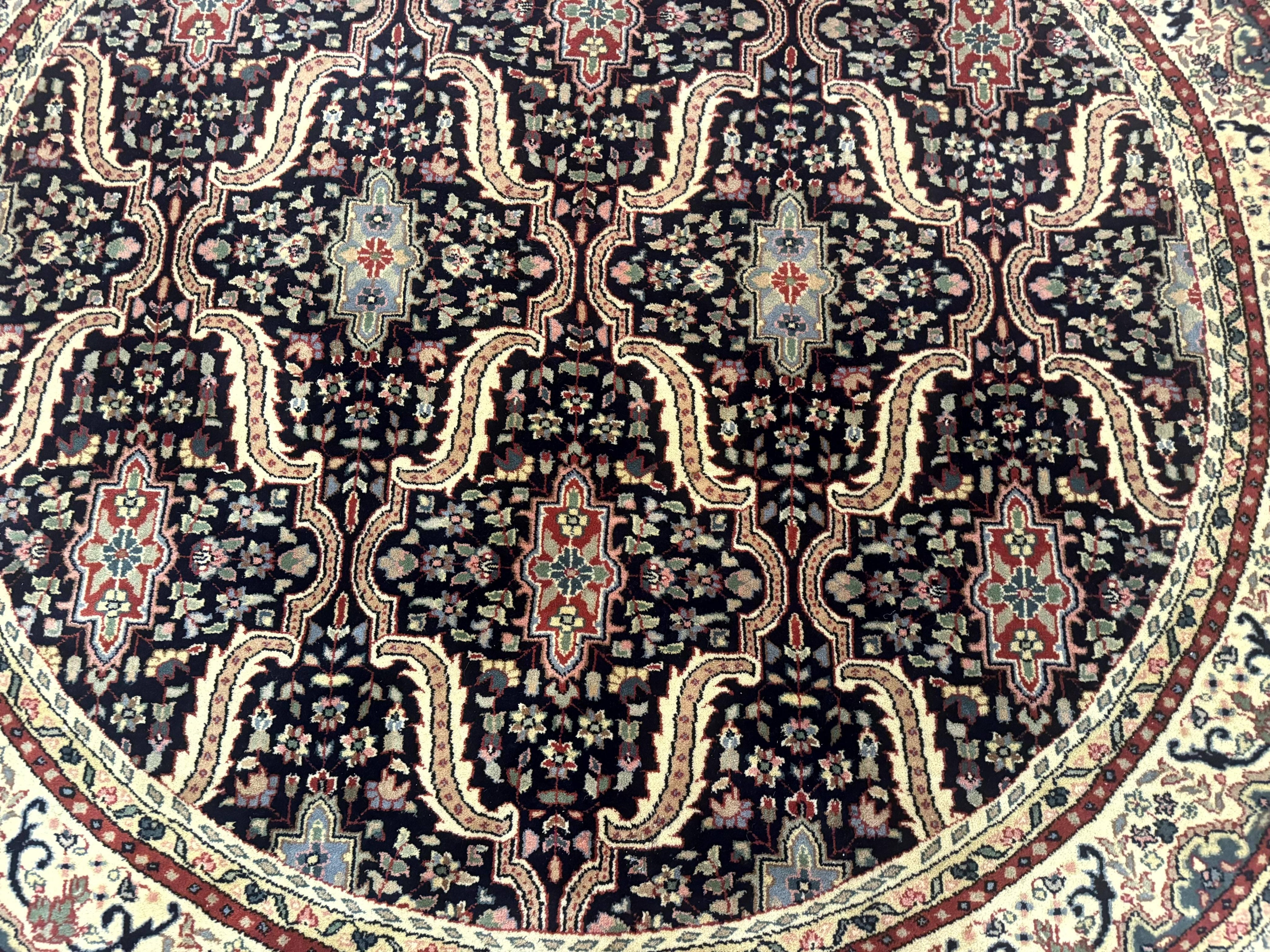 Round Indo Persian Rug 6x6, Indian Bidjar Rug, Navy Blue and Beige