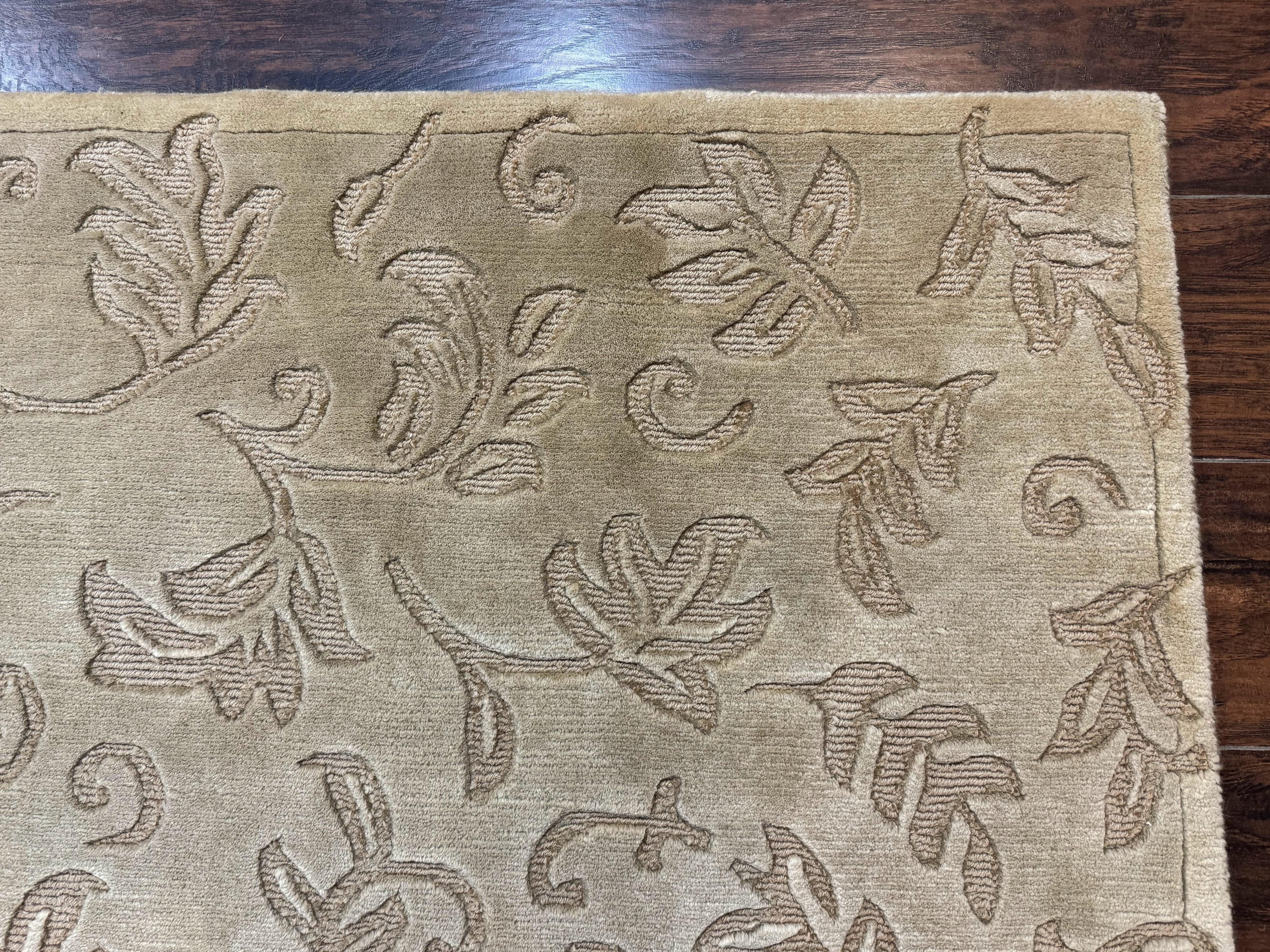 Modern Tibetan Rug 3.7 x 5.5, Carved Floral Design, Wool and Silk Highlights