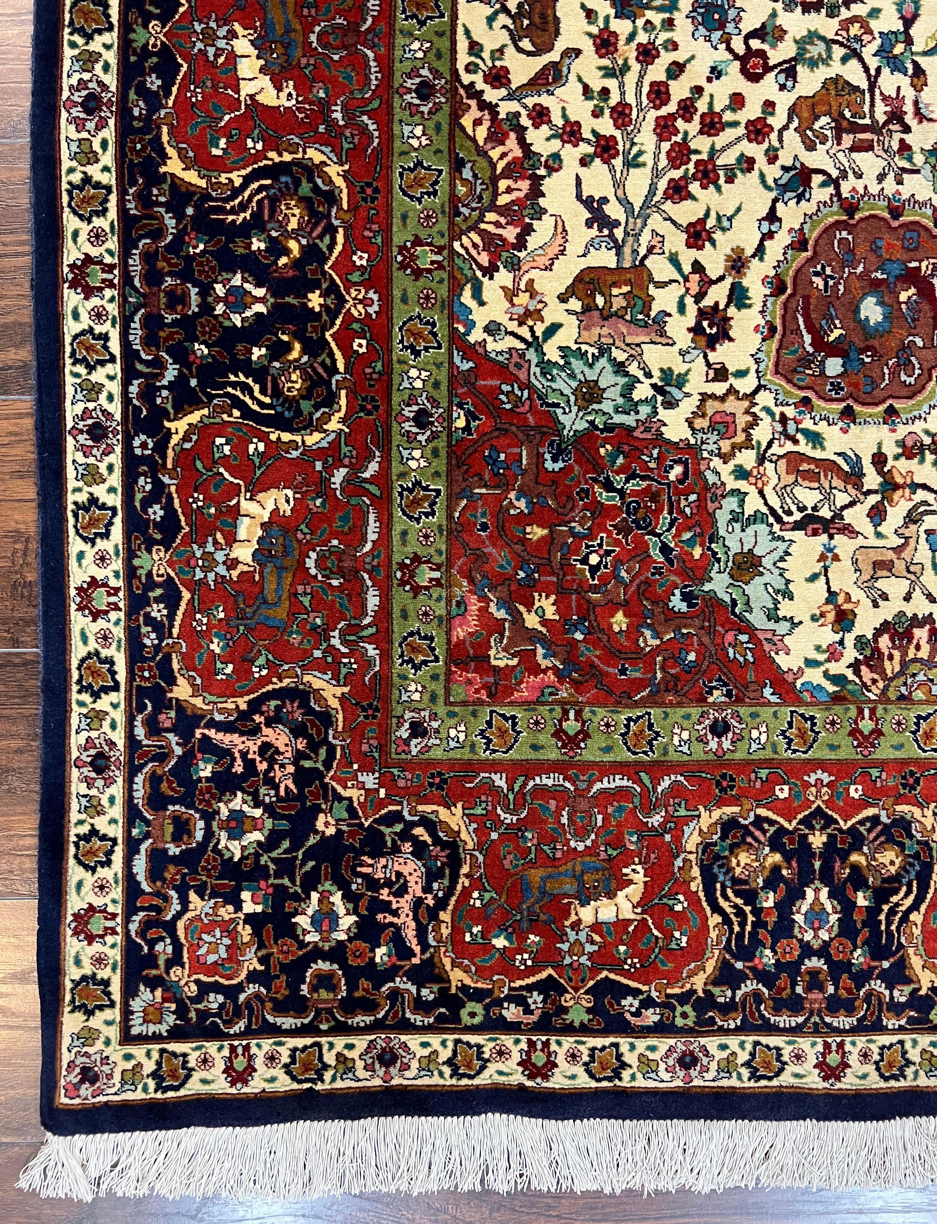 Wonderful Sino Persian Rug 6x10 with Animal Pictorial Motifs, Cream Dark Red Navy Blue, Birds Gazelles, Two Medallions, Top Quality Handmade