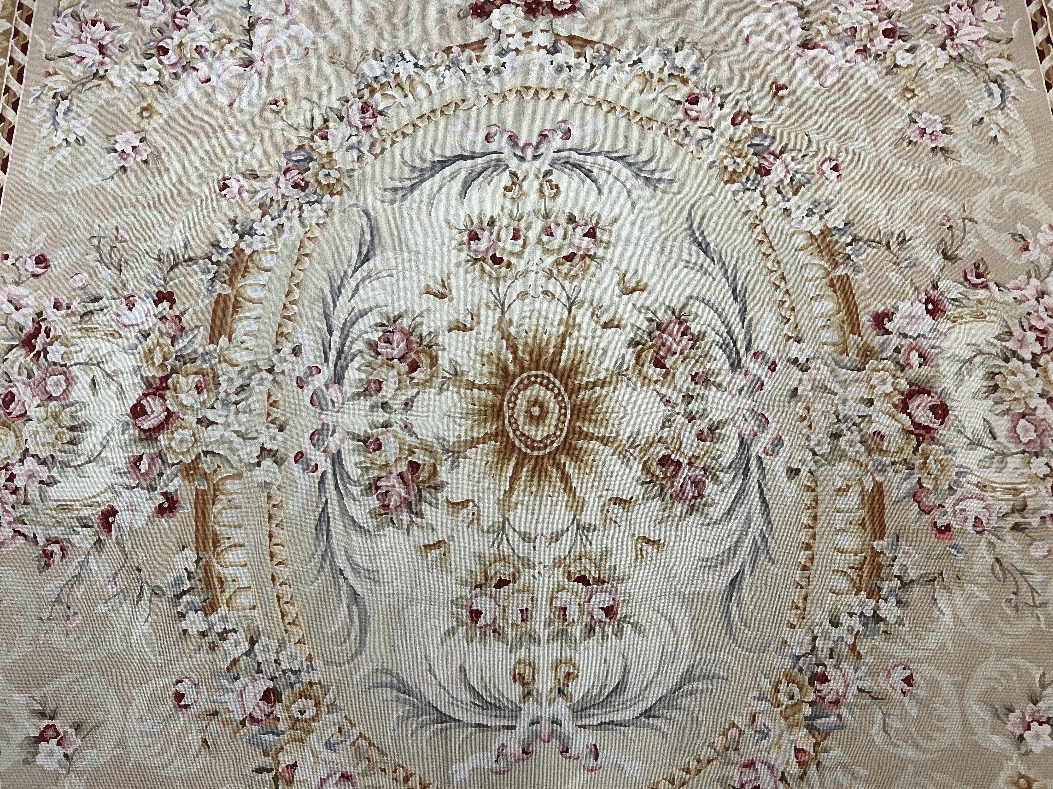 Aubusson Rug 9x12, Elegant Savonnerie Carpet 9 x 12 ft, Beige Ivory Tan, Floral, Flatweave Wool Handmade Area Rug 9 x 12 ft, European French