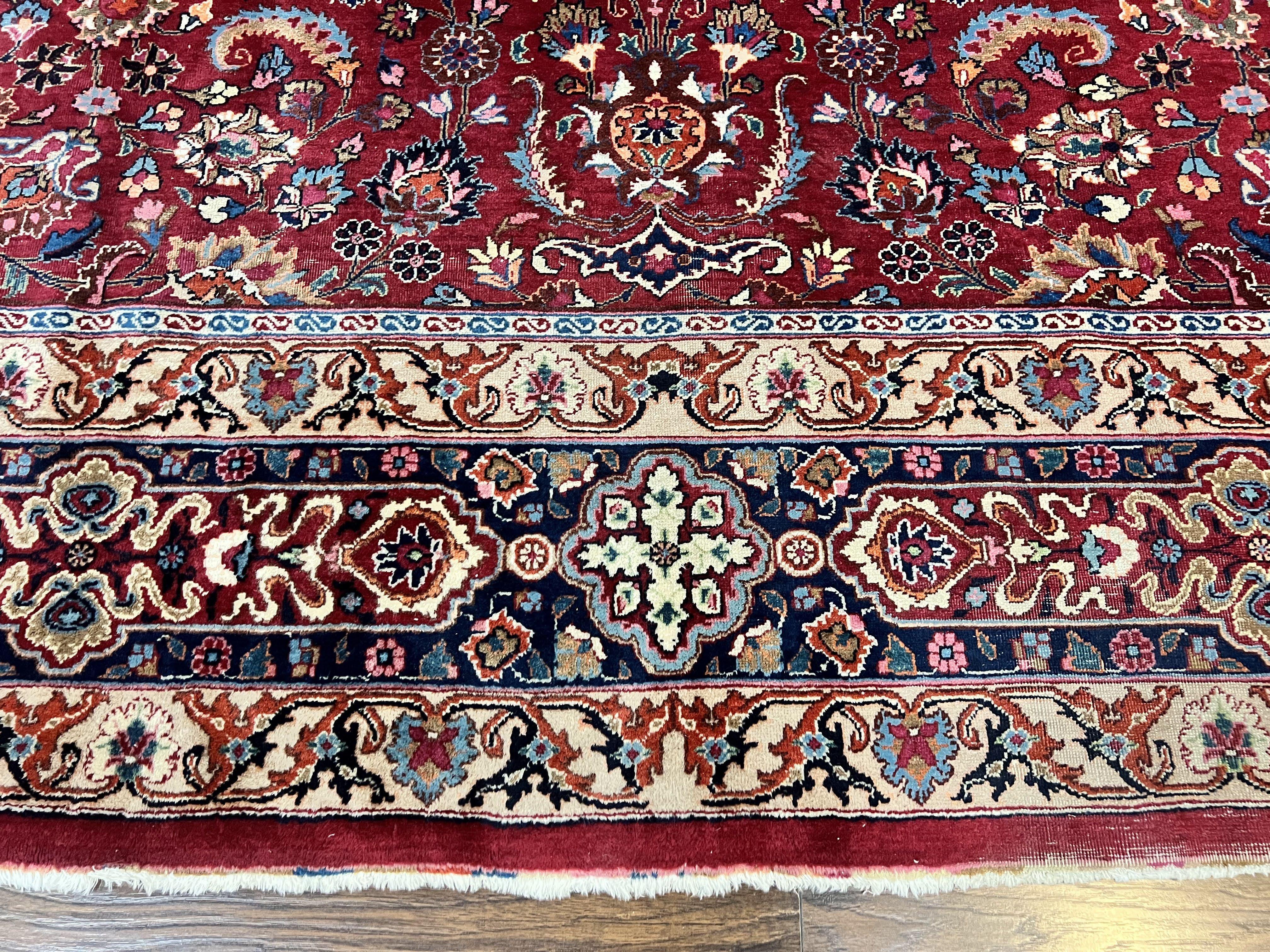 Signed Persian Mashad Rug 8x10, Wool Oriental Carpet, Semi Antique Rug, Hand Knotted, Traditional, Red, Floral Allover,