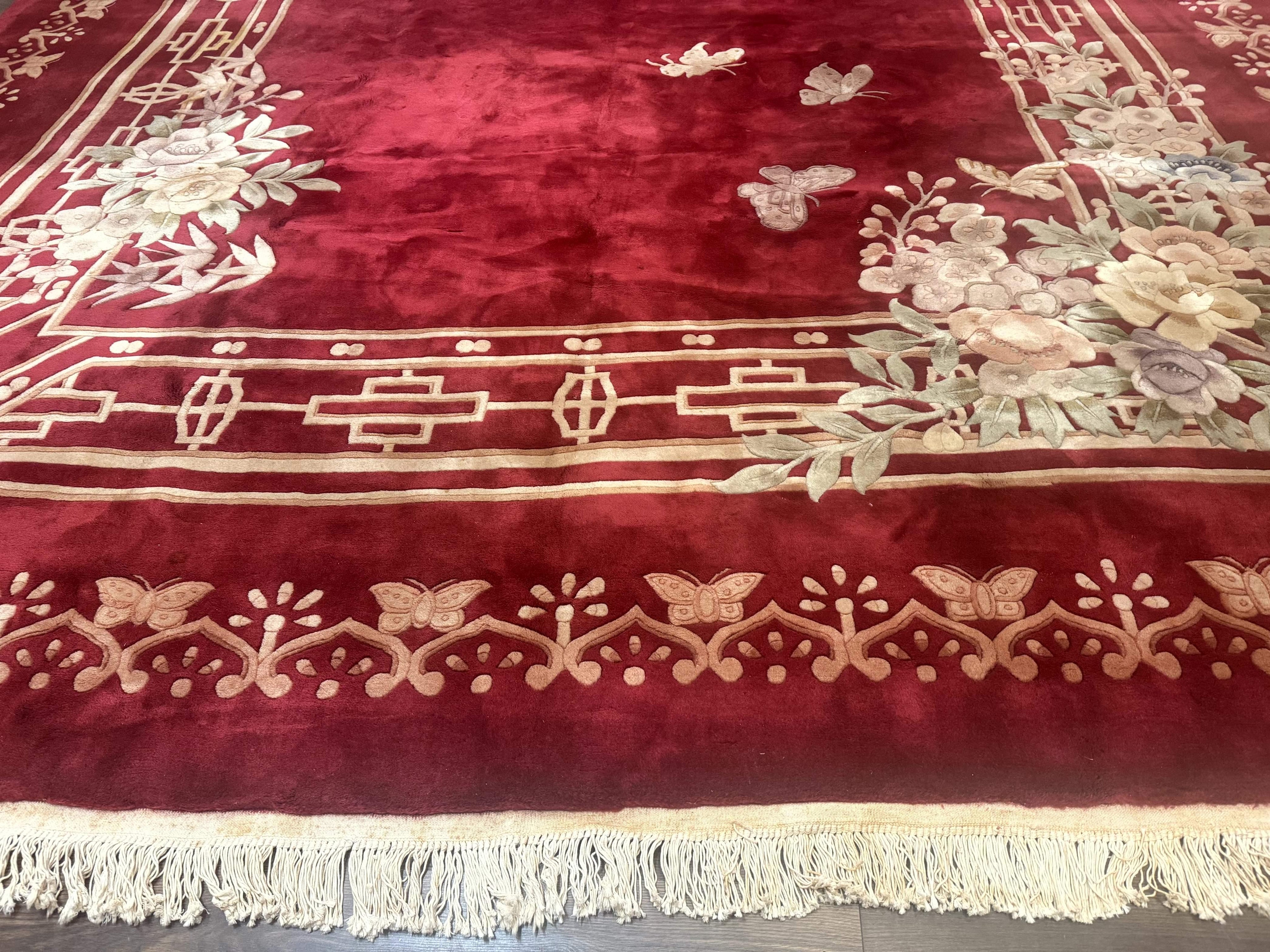 Palace Size Chinese Wool Rug 12x18, Red Art Deco Chinese Carving Carpet, Butterflies Flowers