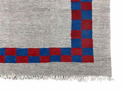 Gray Turkish Kilim Carpet 5' 7" x 7' 7", Medium Kilim Rug, Hand-Knotted, Blue & Red Border, Minimalistic Design, Geometric, Wool, New
