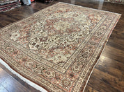 Antique Persian Tabriz Rug 10x12, Wool Hand Knotted Oriental Carpet, Beige Light Red, Floral Medallion