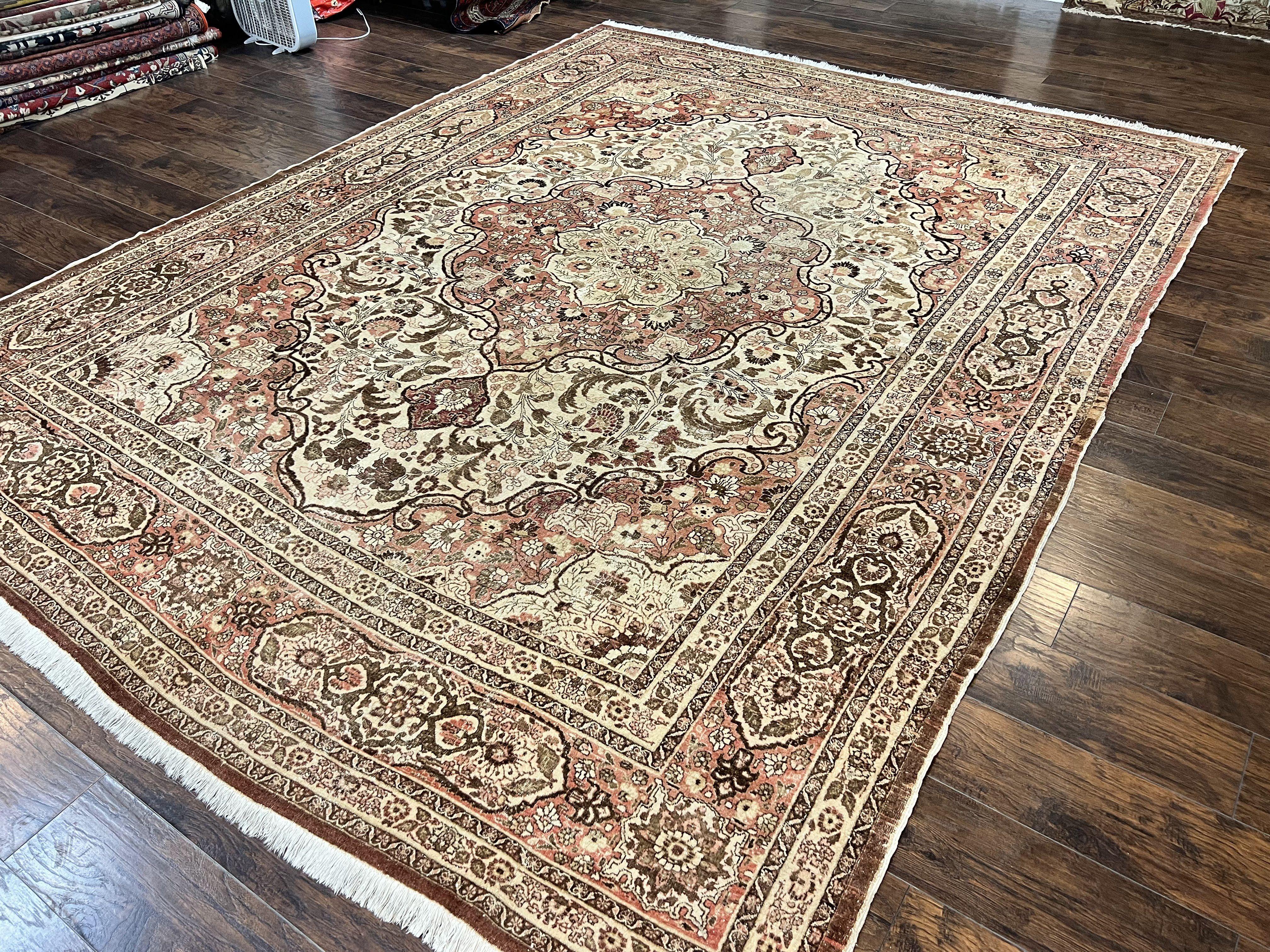 Antique Persian Tabriz Rug 10x12, Wool Hand Knotted Oriental Carpet, Beige Light Red, Floral Medallion