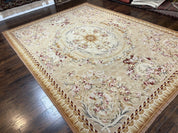 Aubusson Rug 9x12, Elegant Savonnerie Carpet 9 x 12 ft, Beige Ivory Tan, Floral, Flatweave Wool Handmade Area Rug 9 x 12 ft, European French