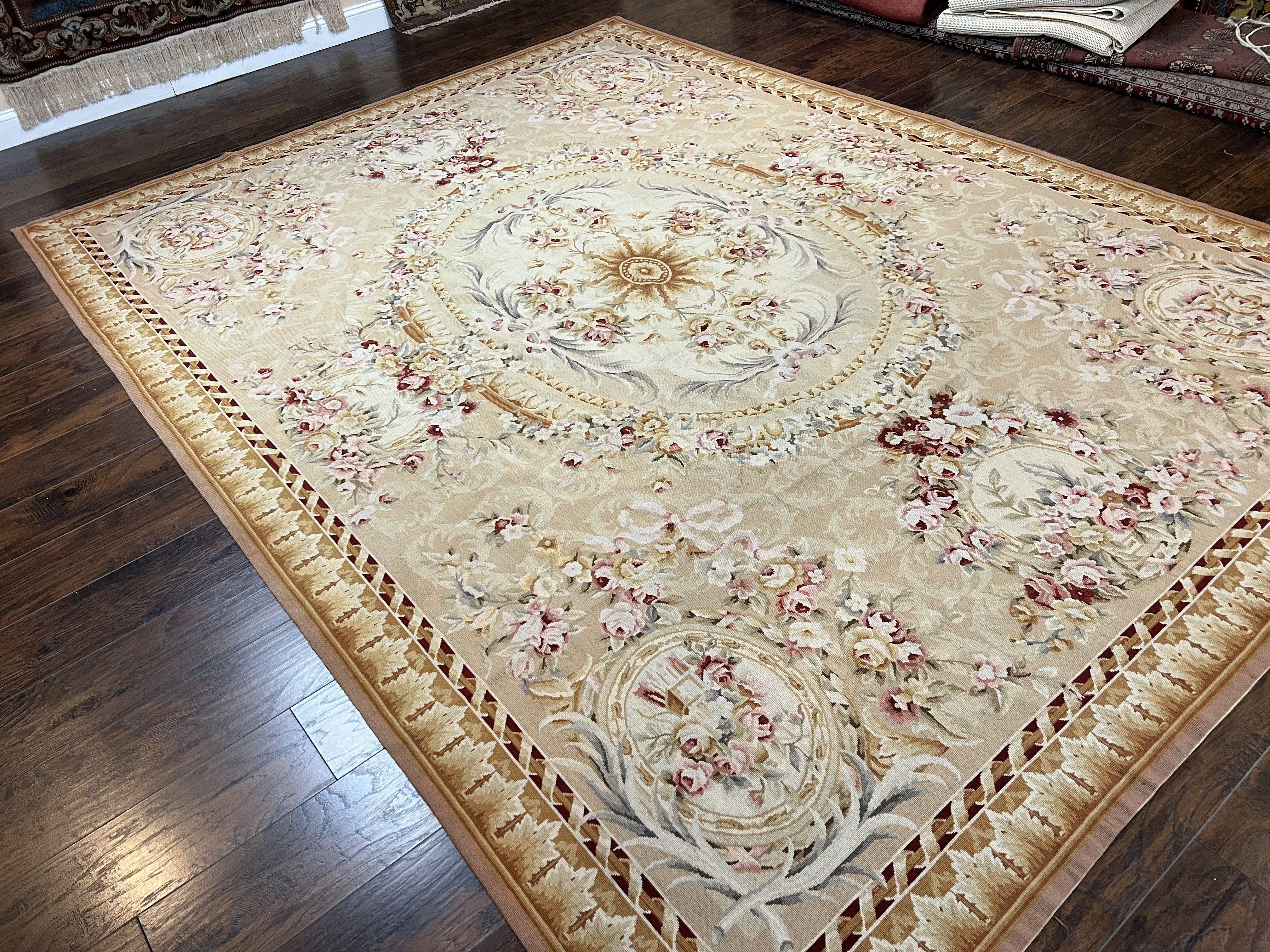Aubusson Rug 9x12, Elegant Savonnerie Carpet 9 x 12 ft, Beige Ivory Tan, Floral, Flatweave Wool Handmade Area Rug 9 x 12 ft, European French