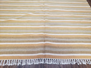 New Indian Kilim Area Rug, 6x8 - 7x8 South American Style Blanket, Striped Indian Wool Hand-Woven Flat Weave 6x9 Bedroom Rug, Ivory Ochre