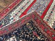 Persian Rug 5x12 ft, Red Cream Navy Blue, Pictorials, Hand Knotted Handmade Wide Runner Tribal Bidjar Semi Antique Wool Geometric Oriental Rug