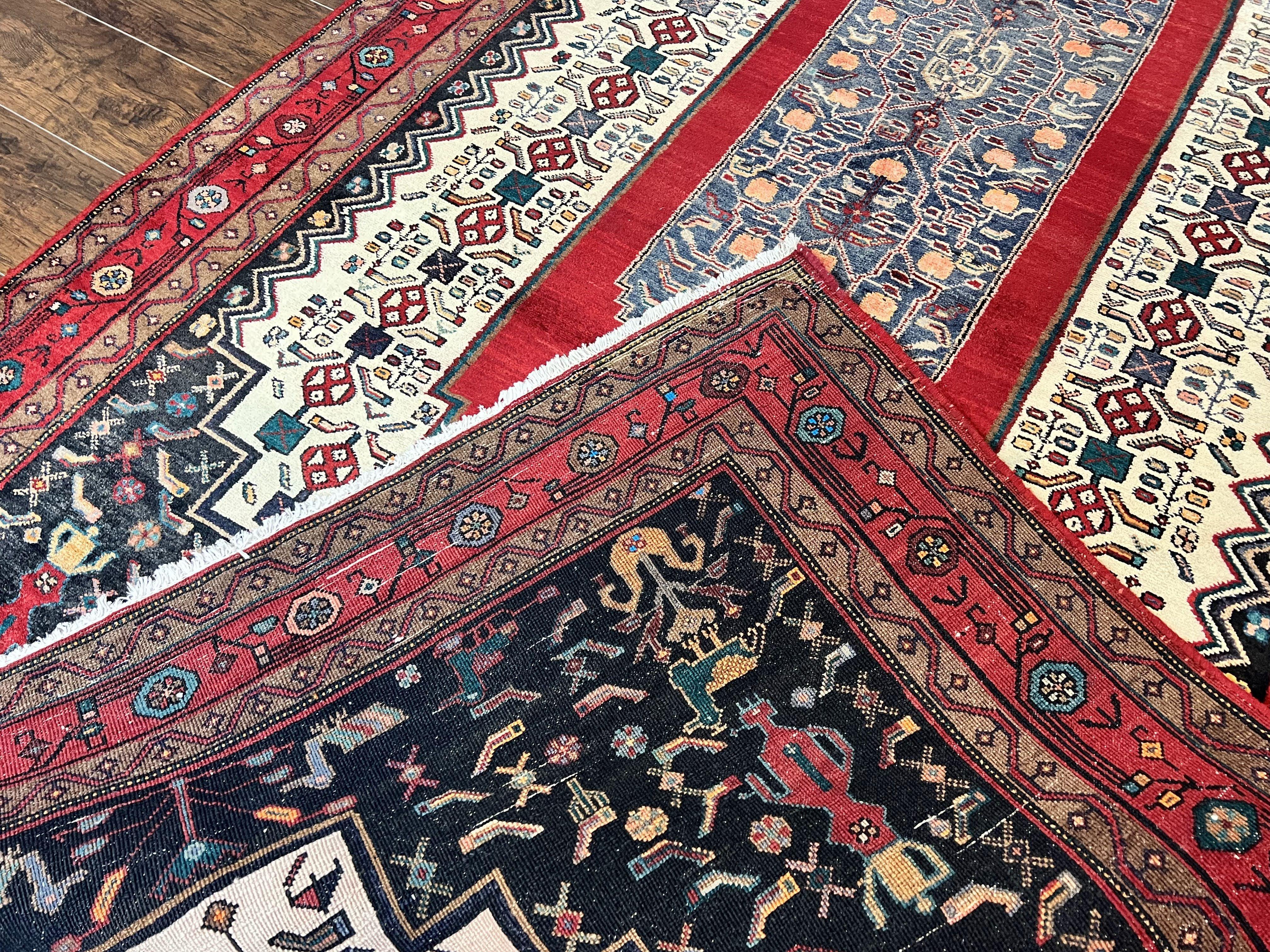 Persian Rug 5x12 ft, Red Cream Navy Blue, Pictorials, Hand Knotted Handmade Wide Runner Tribal Bidjar Semi Antique Wool Geometric Oriental Rug