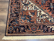 Heriz Rug 5.6 x 8, Geometric Medallion, Wool Oriental Carpet, Tribal Boho Rug, Red Navy Blue Cream, Belgium Power Loomed Rug, Medium Sized