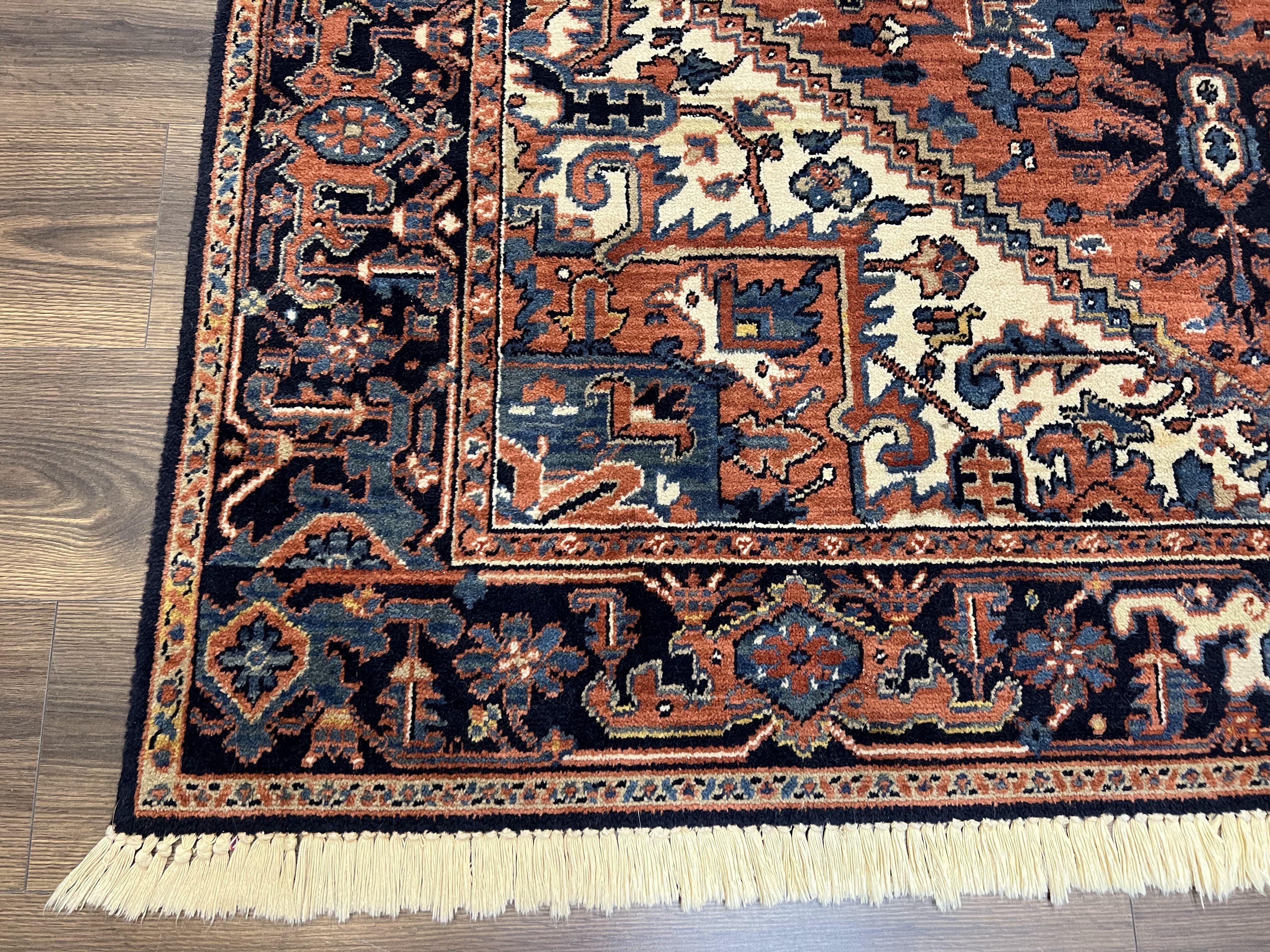 Heriz Rug 5.6 x 8, Geometric Medallion, Wool Oriental Carpet, Tribal Boho Rug, Red Navy Blue Cream, Belgium Power Loomed Rug, Medium Sized