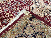 Persian Rug 9x12, Kirman DeLuxe, Millefleur Floral Medallion Carpet, Maroon Light Blue Beige, Semi Antique Authentic Hand Knotted Wool Rug