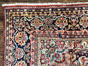 Persian Sarouk Rug 11x14, Semi Open Field, Large Antique Persian Wool Handmade Carpet, Red and Dark Blue, Floral