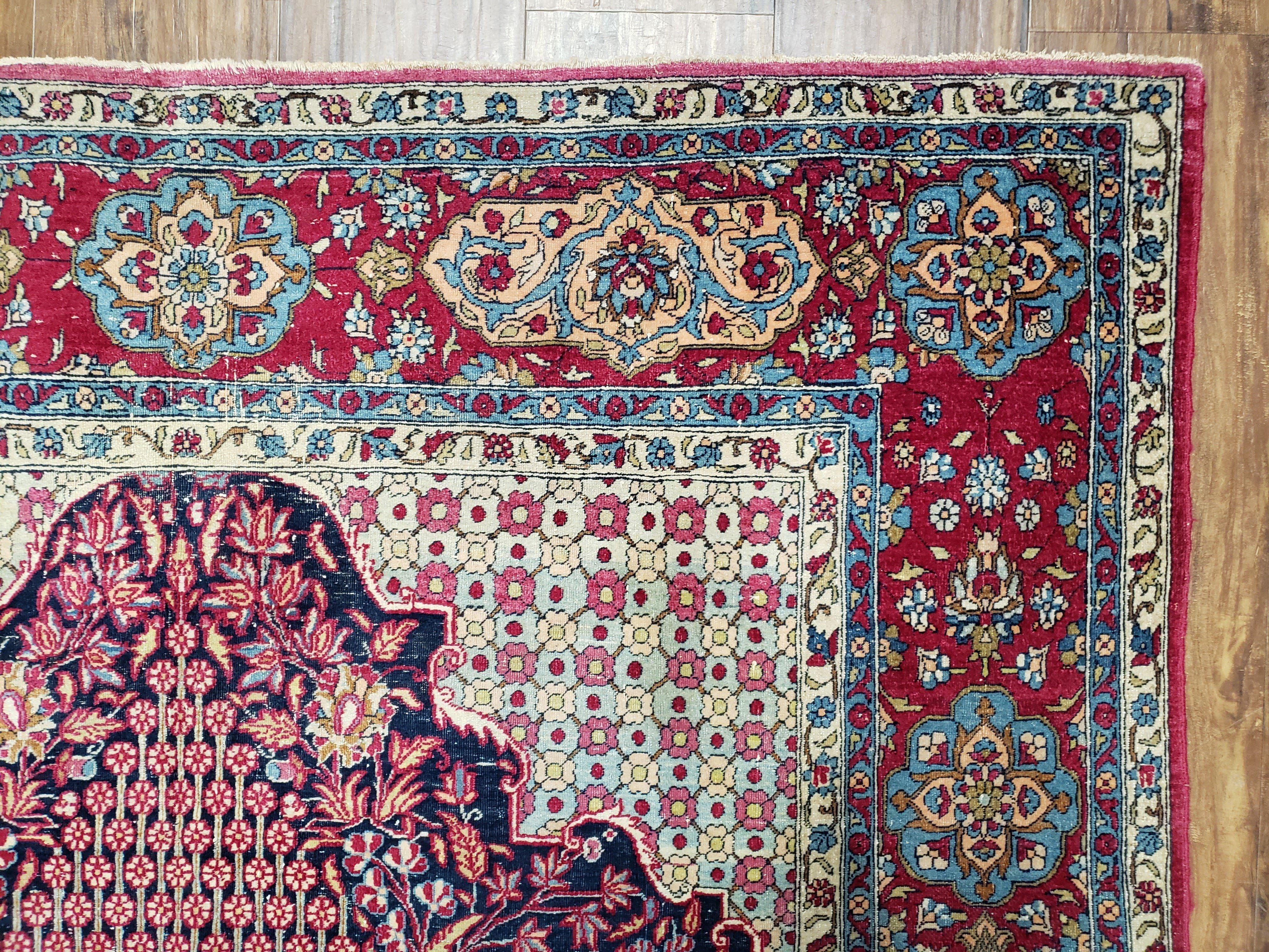 Antique Persian Tehran Rug 5x8, Midnight Blue and Red, Hand-Knotted, Wool