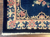 Blue and Beige Chinese Wool Rug 3x6, Chinese Fete Rug, Peking Rug, Antique Chinese Carpet