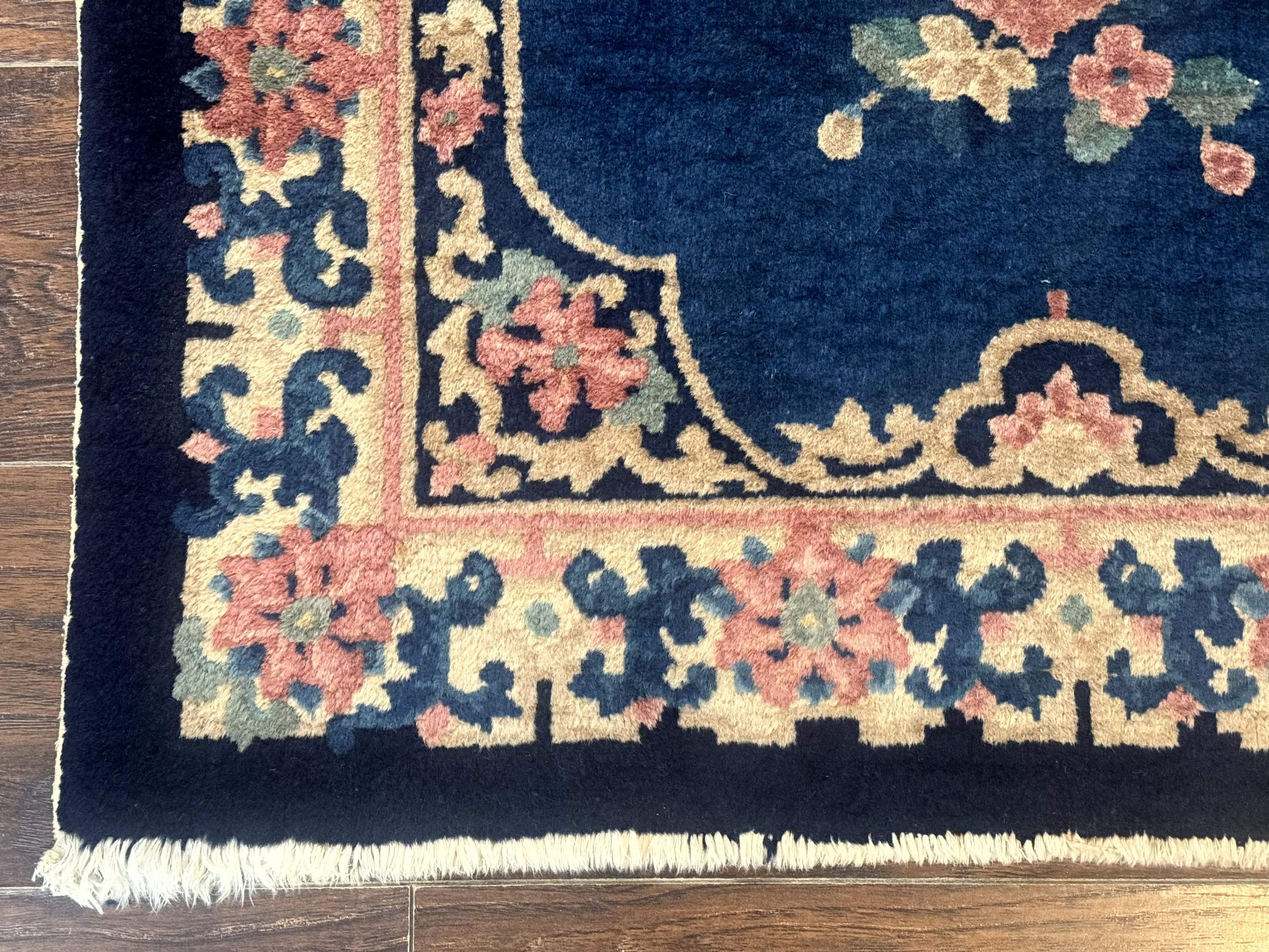 Blue and Beige Chinese Wool Rug 3x6, Chinese Fete Rug, Peking Rug, Antique Chinese Carpet