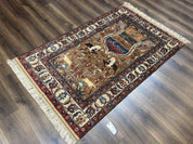 Unique Afghan Silk Rug 4x6, Hunting Pattern Animal Motifs, Light Brown and Cream, Persian Handwritten Poetry, Fine 1940s Oriental Carpet Wow