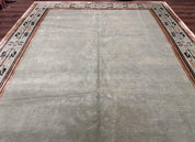 Palace Size Nepali Rug 9x18, Open Field, Light Mint Green, Wool Hand Knotted, Modern Contemporary