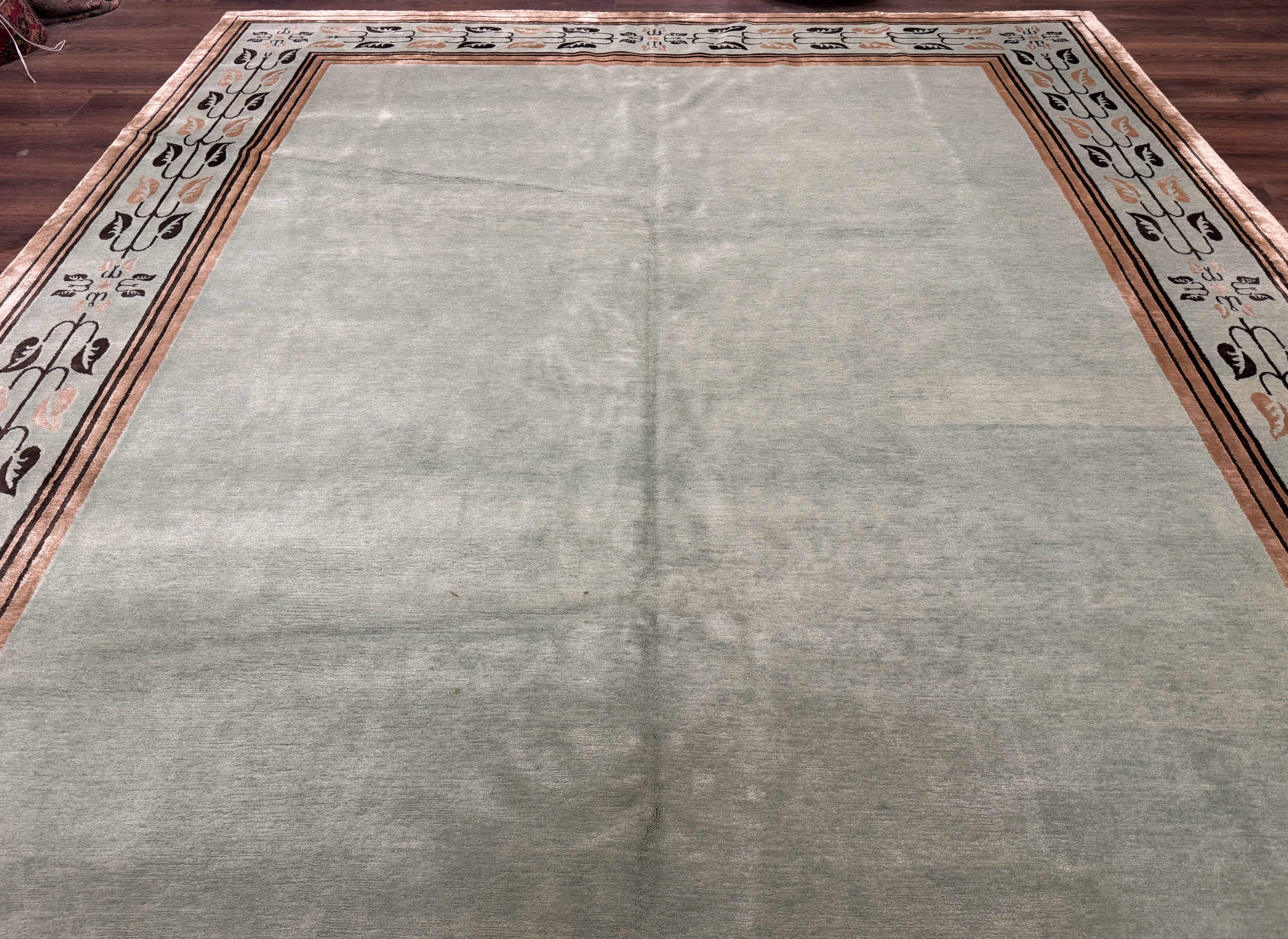Palace Size Nepali Rug 9x18, Open Field, Light Mint Green, Wool Hand Knotted, Modern Contemporary
