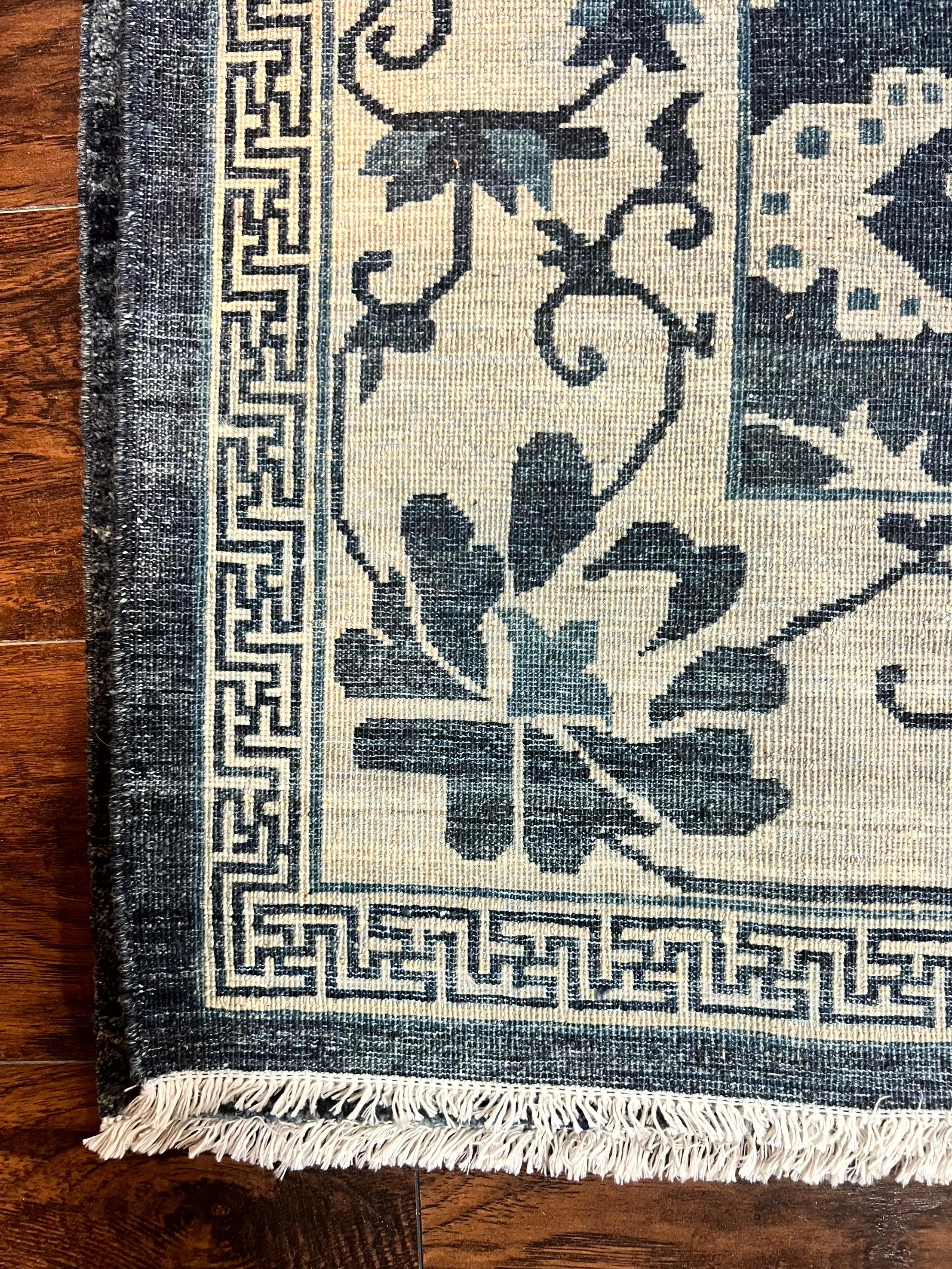 Sino Persian Rug 6x9, Hand Knotted Wool Carpet, Floral Allover, Blue Cream-Tan