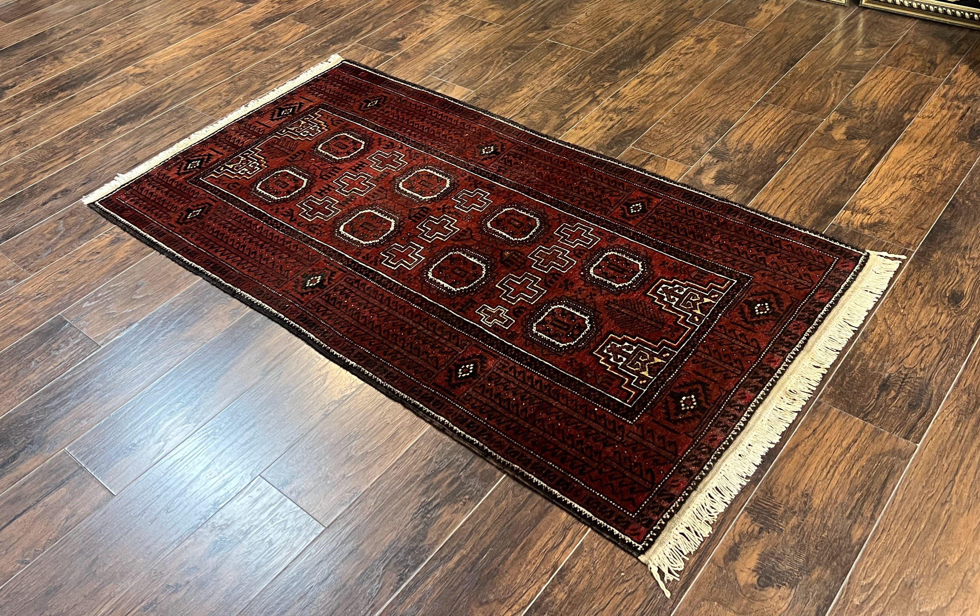 Antique Persian Turkoman Rug 3x6, Wool Tribal Handmade Carpet, Red and Black