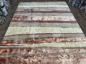 Modern Tibetan Rug 8x11 Nepali Carpet, Shiny Velvely Soft Wool and Silk, Contemporary Hand Knotted Rug, Striped Design, Wool Area Rug 8 x 11