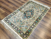 Indian Kashmiri Silk Rug 3x5, Floral Medallion, Fine 200 KPSI