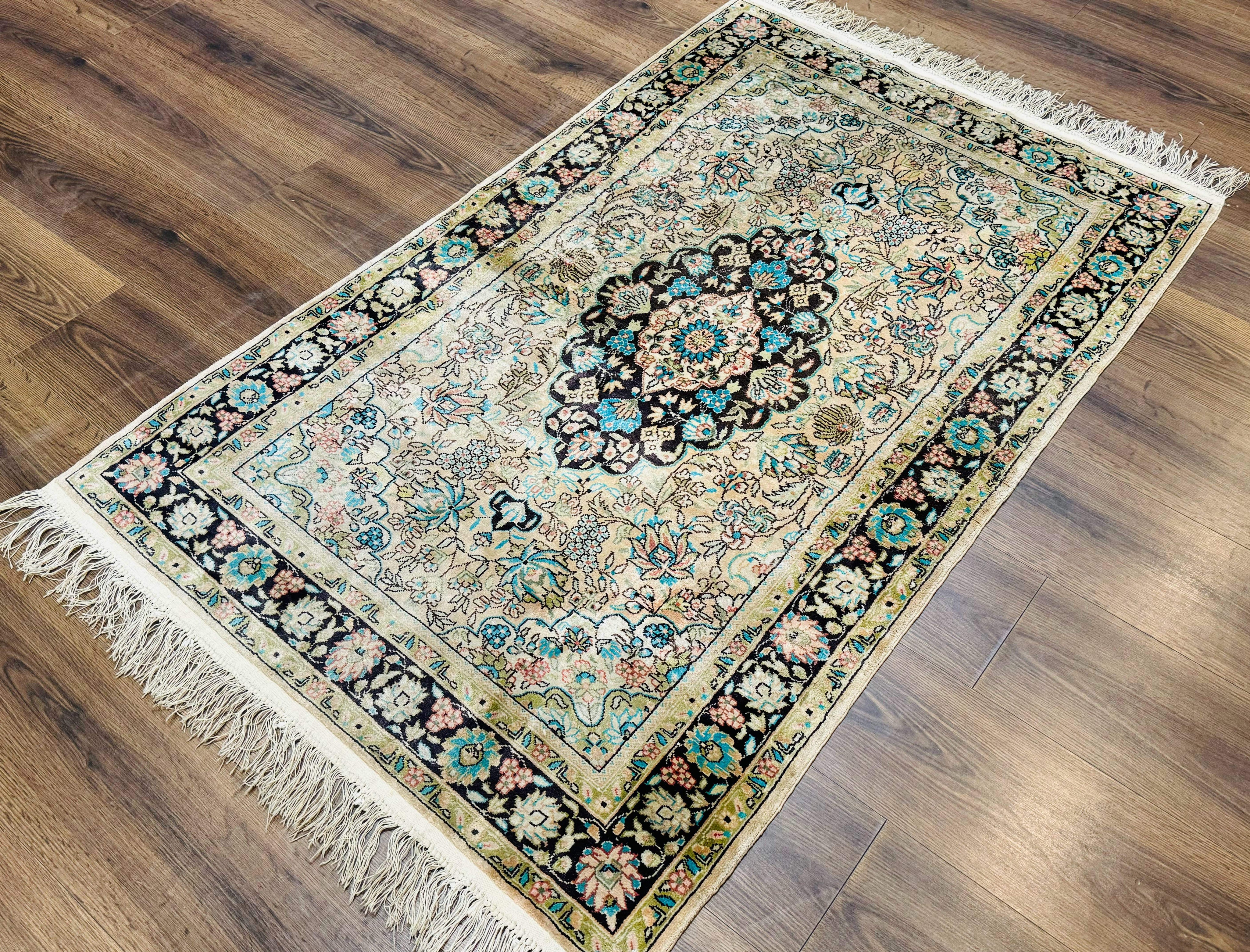 Indian Kashmiri Silk Rug 3x5, Floral Medallion, Fine 200 KPSI