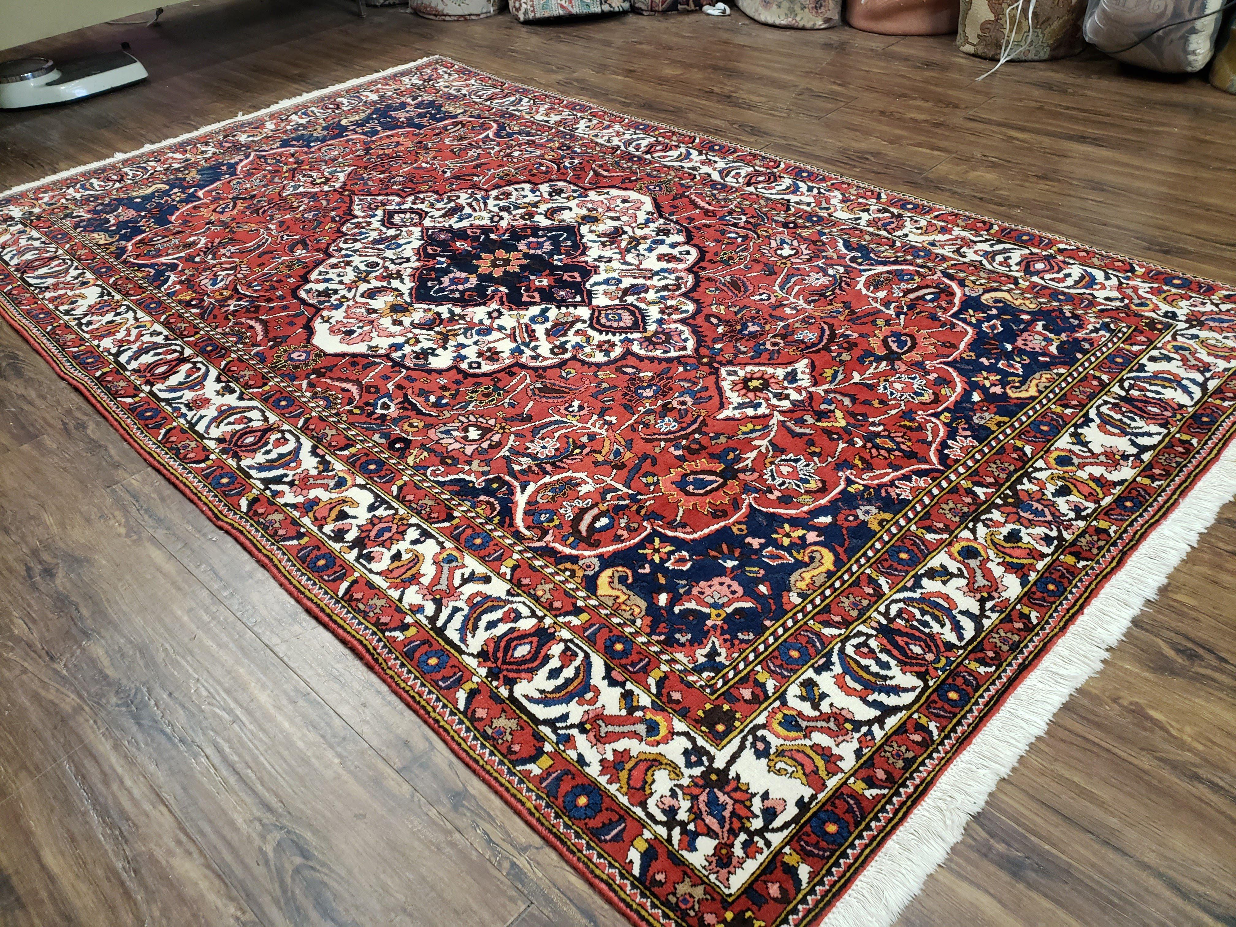 Semi Antique Persian Bakhtiari Rug, Hand-Knotted, Wool, Red, Midnight Blue, Ivory, Floral Medallion, 5'1" x 8' 6"