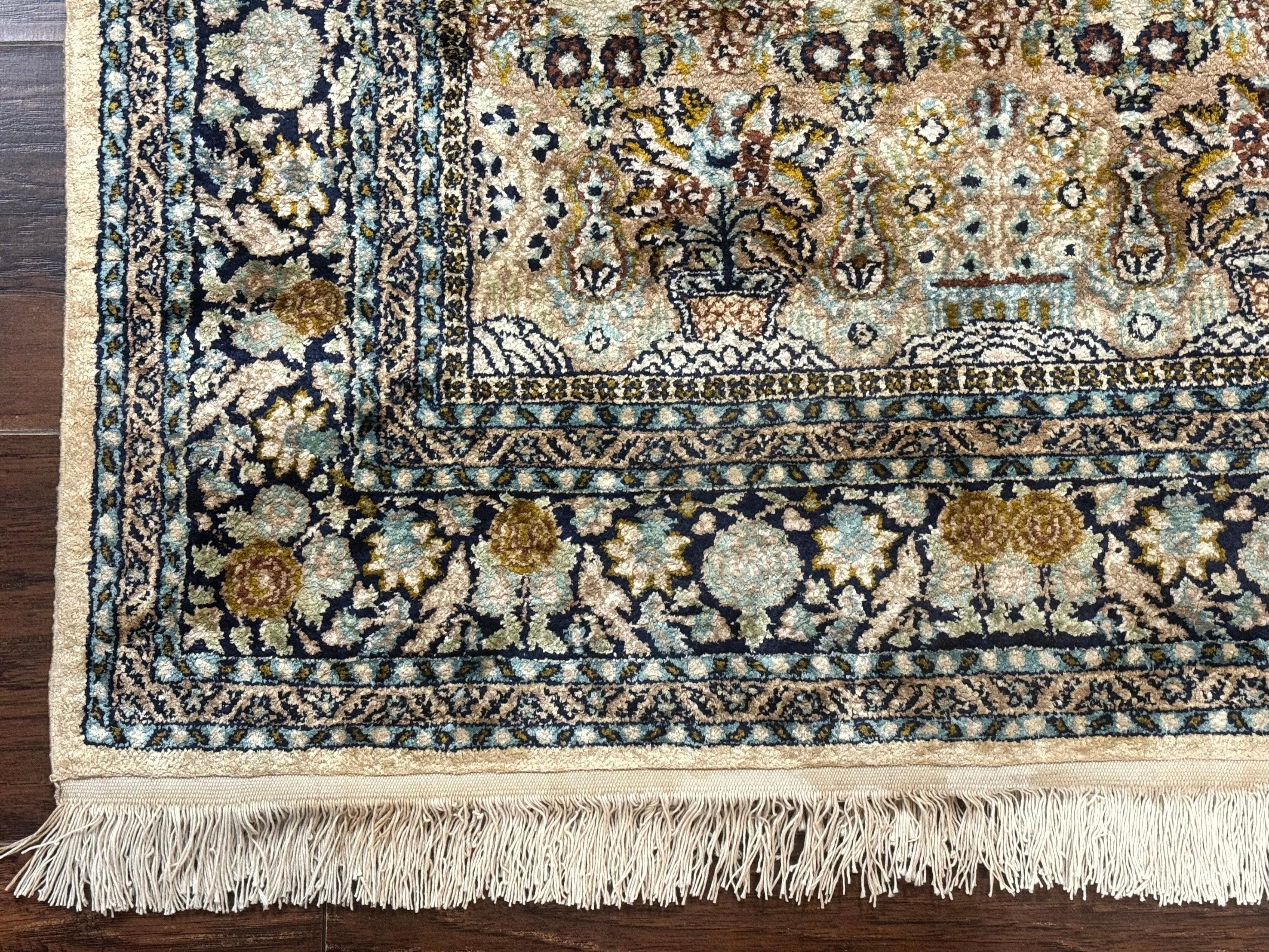 Silk Indian Kashmiri Rug 3x4, Very Fine 400 KPSI, Silk Prayer Rug, Handmade