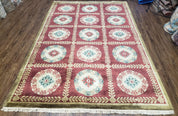 Nepalese Aubusson Panel Rug 6x9, Red & Ivory Soft Plush Tibetan Pile Rug, Wool Hand-Knotted Carpet, 6 x 9 Elegant Area Rug, Office Room Rug
