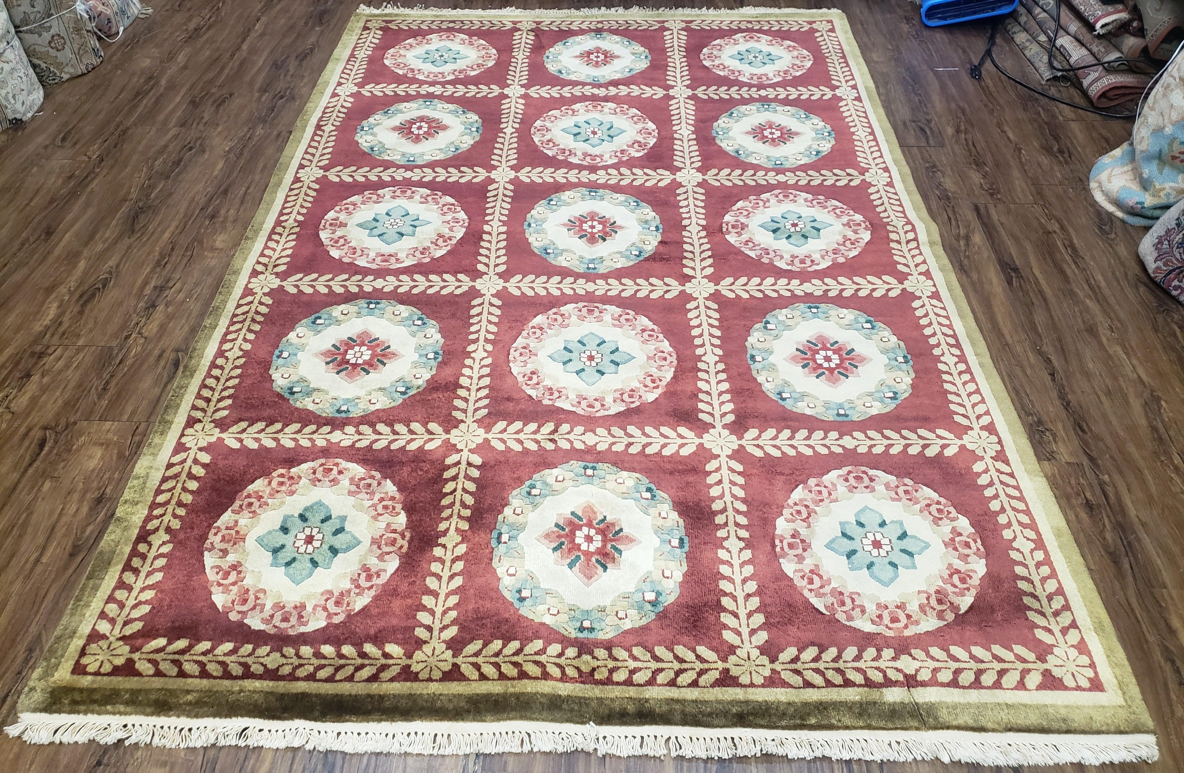 Nepalese Aubusson Panel Rug 6x9, Red & Ivory Soft Plush Tibetan Pile Rug, Wool Hand-Knotted Carpet, 6 x 9 Elegant Area Rug, Office Room Rug