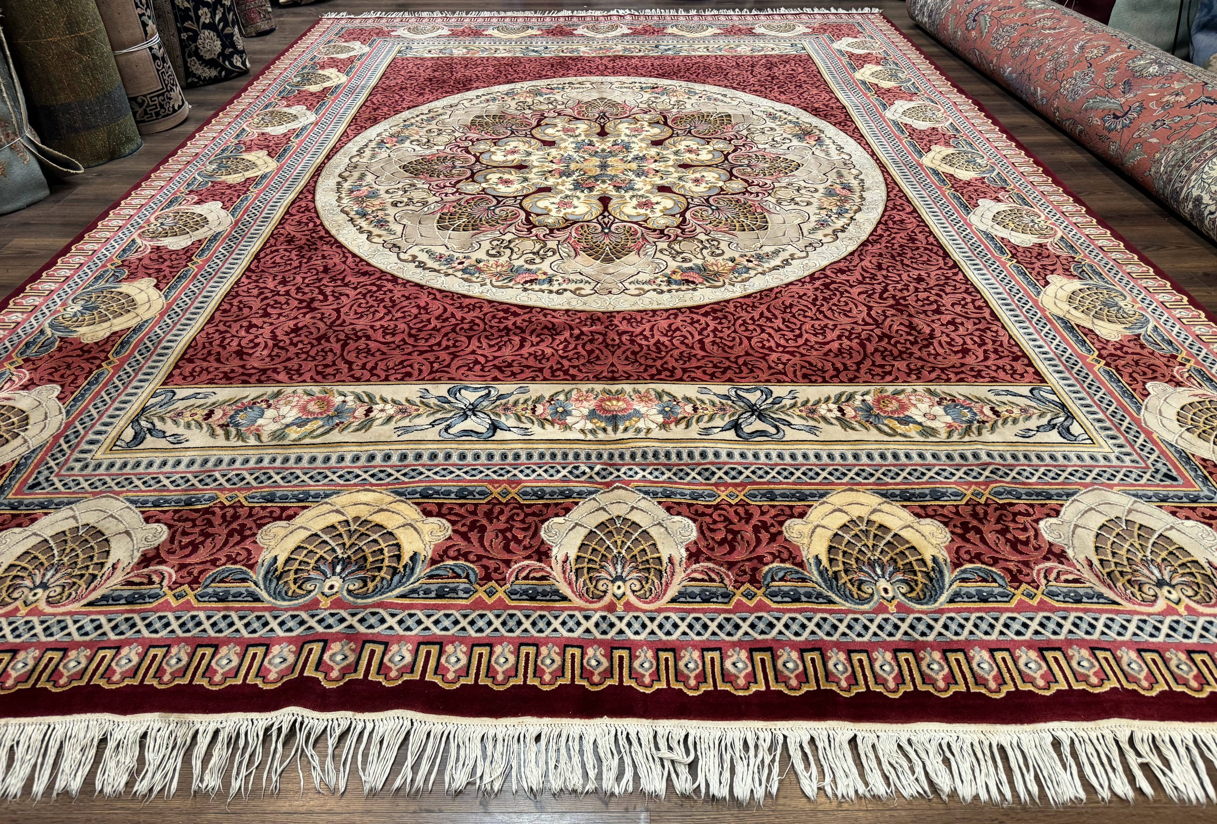 Wonderful Aubusson Rug 10x14, Red Maroon, Elegant, Fine 200 KPSI