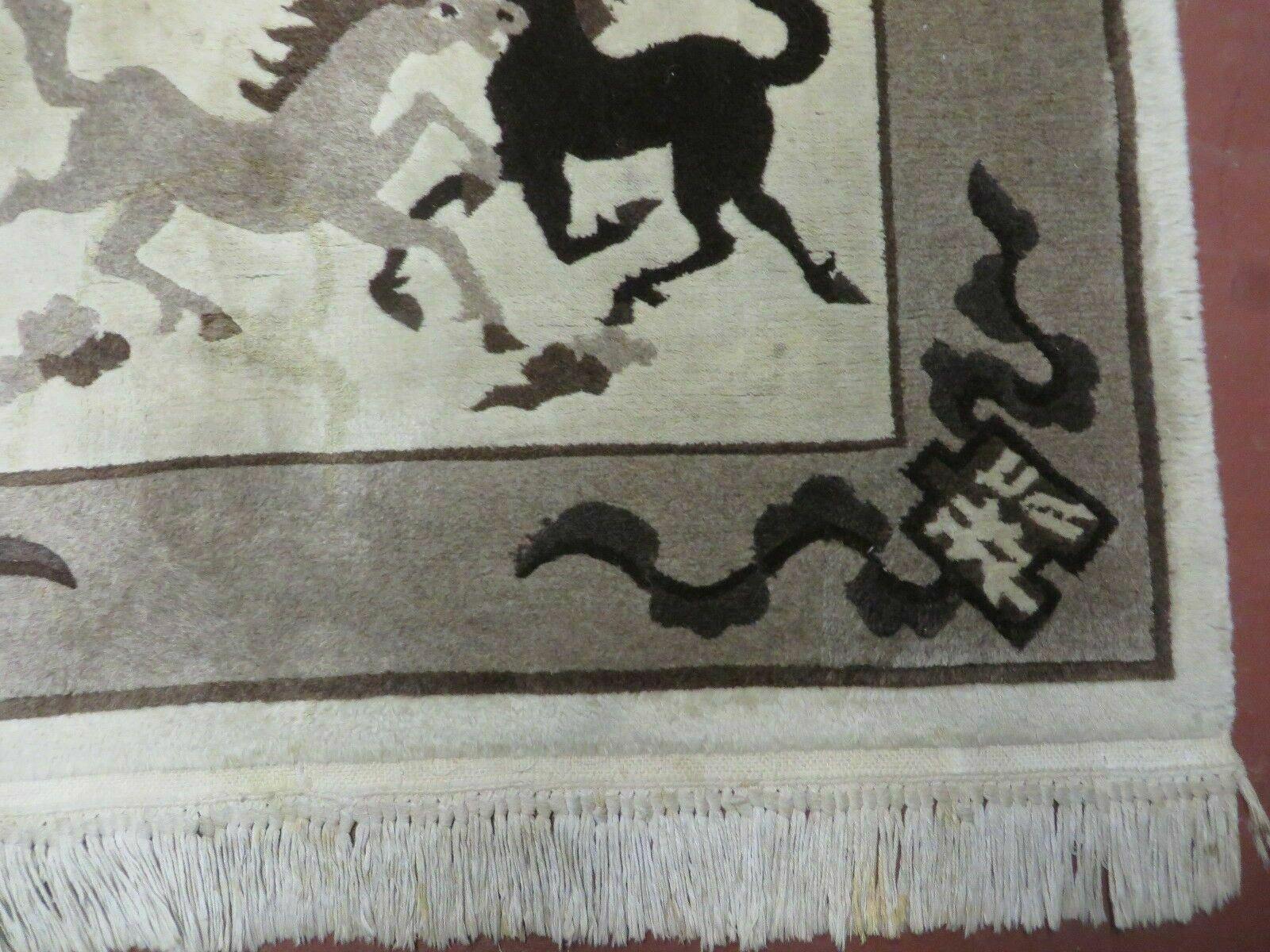 4' X 6' Modern Tibetan Nepal Art Deco Chinese Hand Knotted Wool Rug Horses Nice