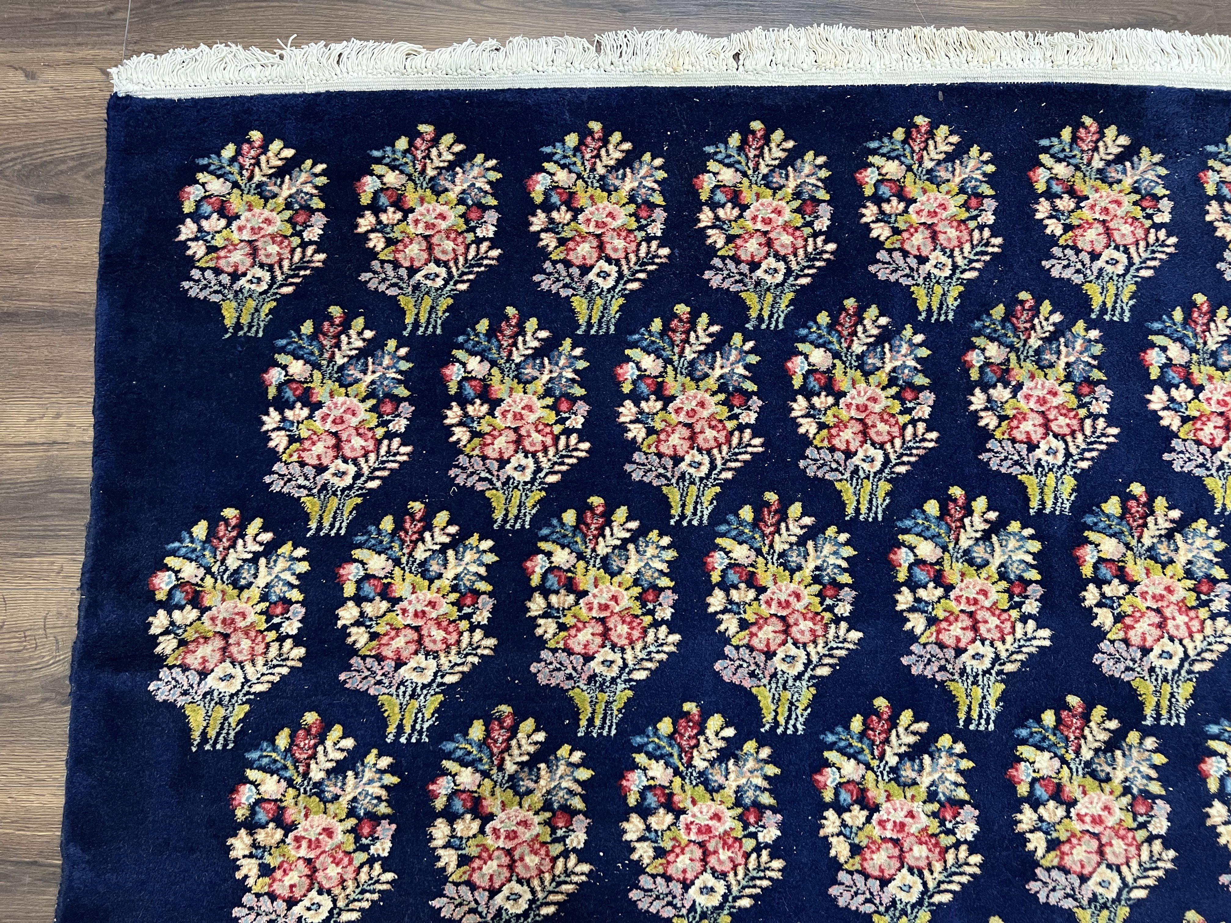 Persian Rug 9x12, Authentic Hand Knotted Carpet, Repeated Floral Motif Garden of Eden, Navy Blue Wool Rug 9 x 12, Semi Antique Kirman Rug