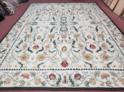 New Needlepoint Rug 9x12, Hand Woven Wool Area Rug, Flatweave Carpet, Handmade Chinese Needlepoint, Floral European Design, Ivory Background