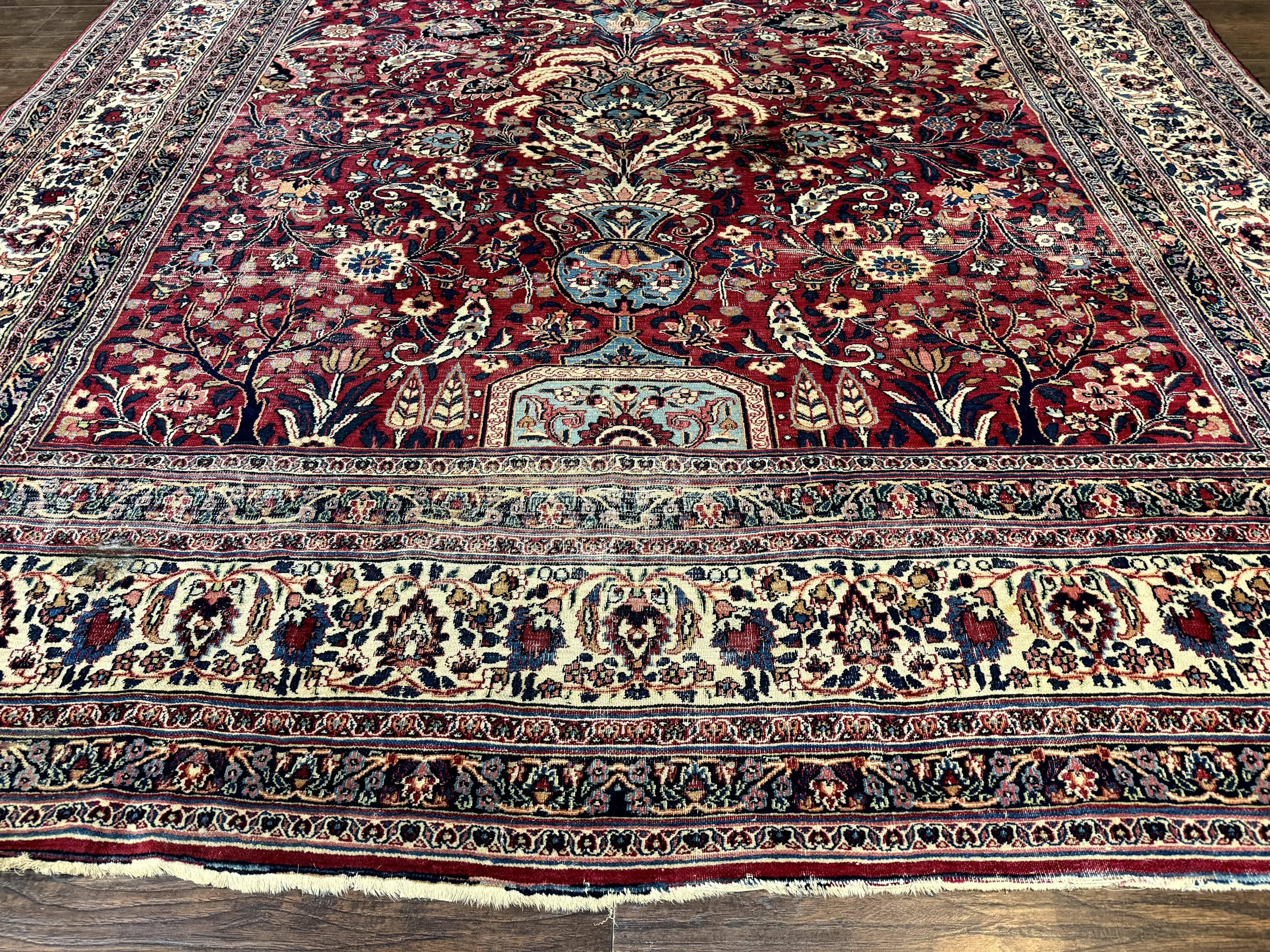Antique Persian Mashad Rug 10x12, Red and Ivory, Signed by Master Weaver