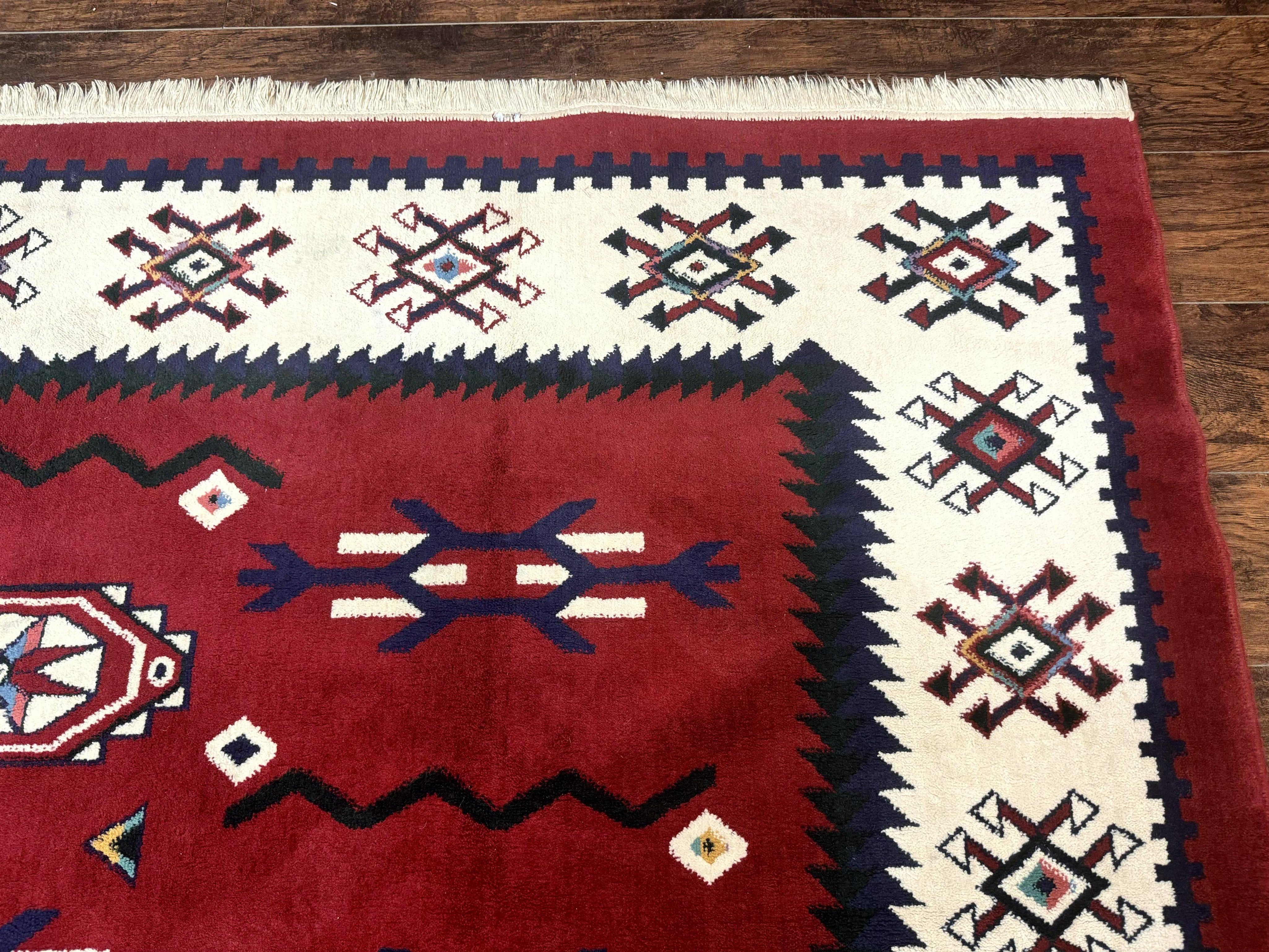 Belgium Power Loomed Rug 8x11, Navajo Native American Design, Dark Red and Ivory, Tribal Rug, Bohemian Carpet